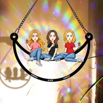 Besties Sitting On The Moon - Cartoon Version - Personalized Rainbow Suncatcher