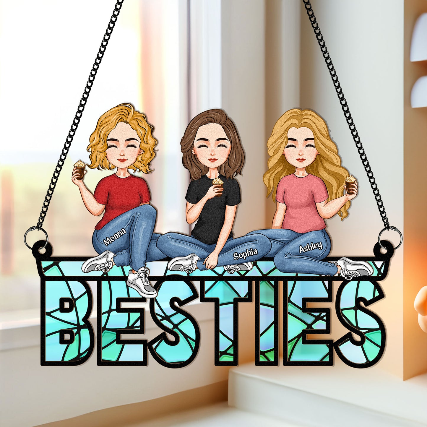 Besties Sitting Together - Personalized Window Hanging Suncatcher Ornament