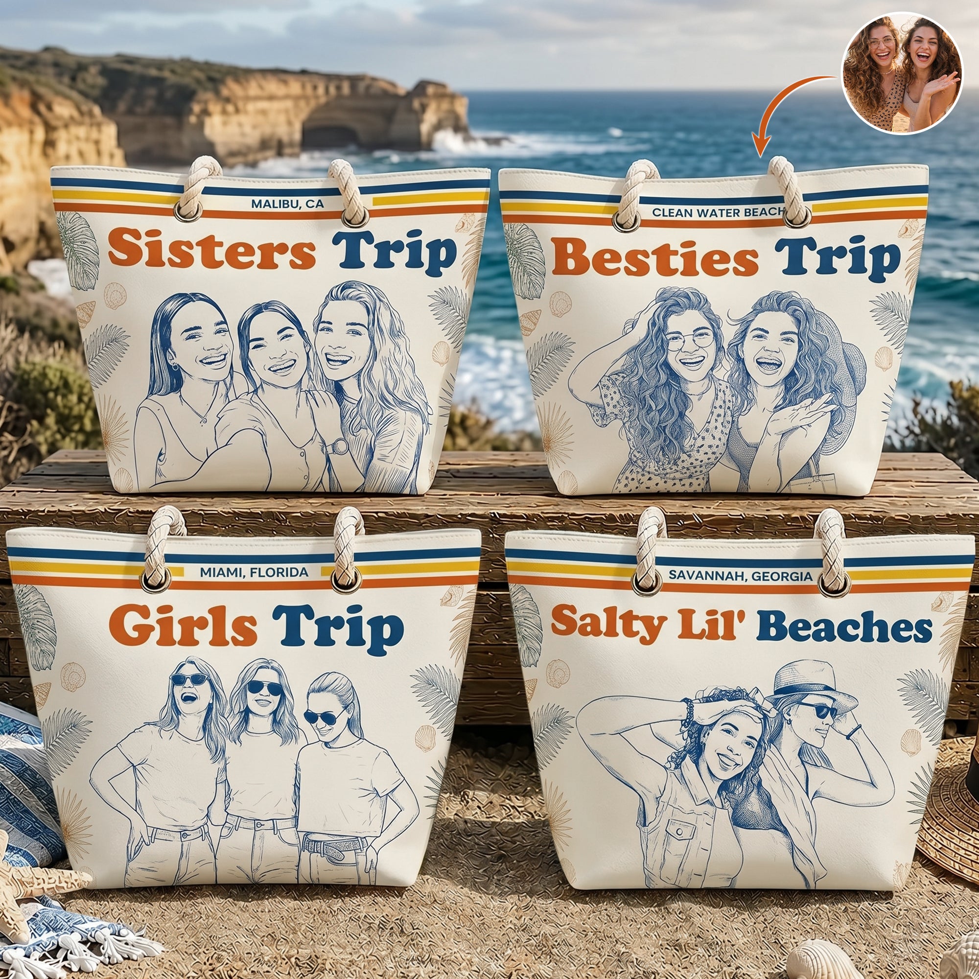 Besties-Girls-Trip-Summer-Gift-For-Friends-Soul-Sisters-Sketch-Line-Art-Photo-Personalized-Beach-Bag-1