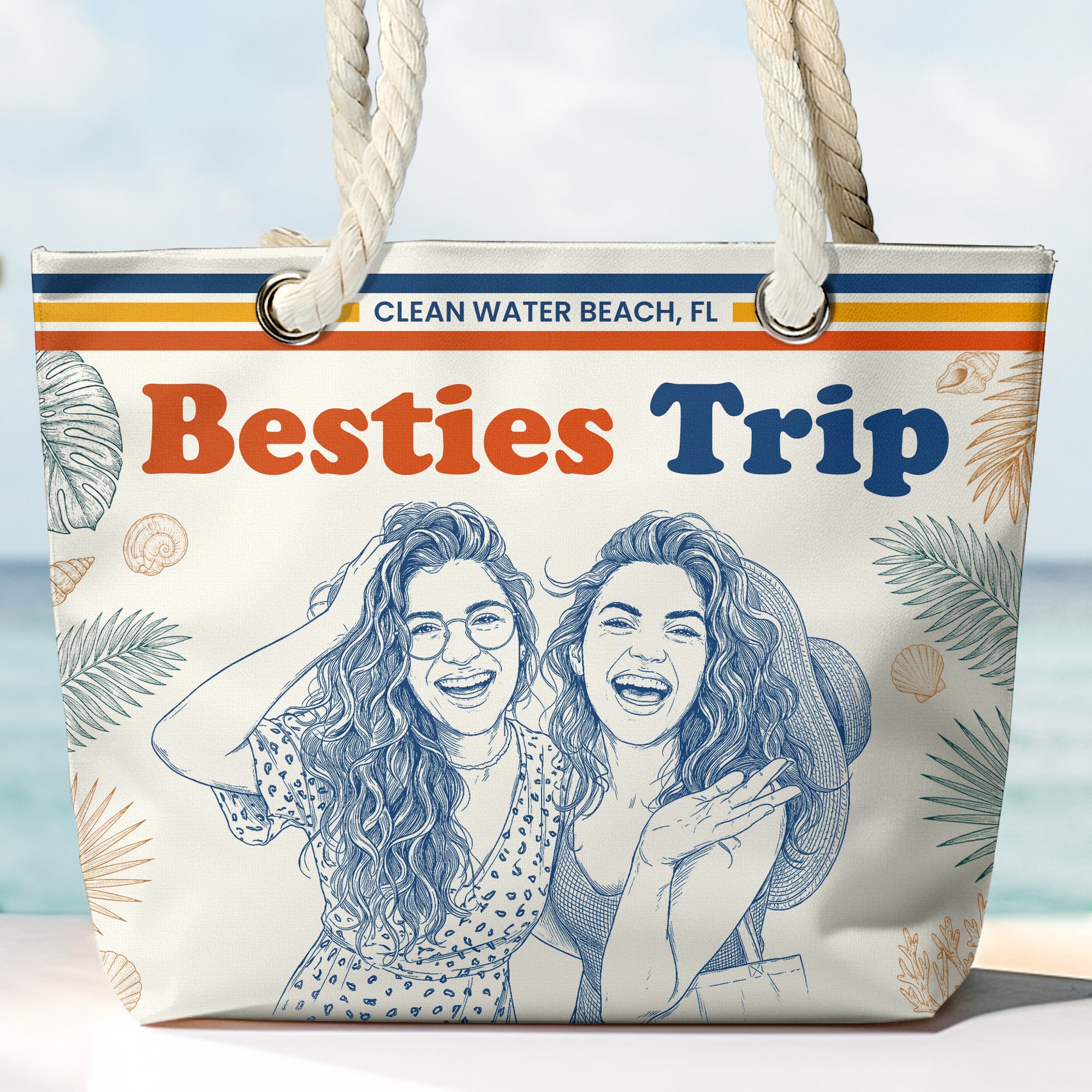 Besties-Girls-Trip-Summer-Gift-For-Friends-Soul-Sisters-Sketch-Line-Art-Photo-Personalized-Beach-Bag-2