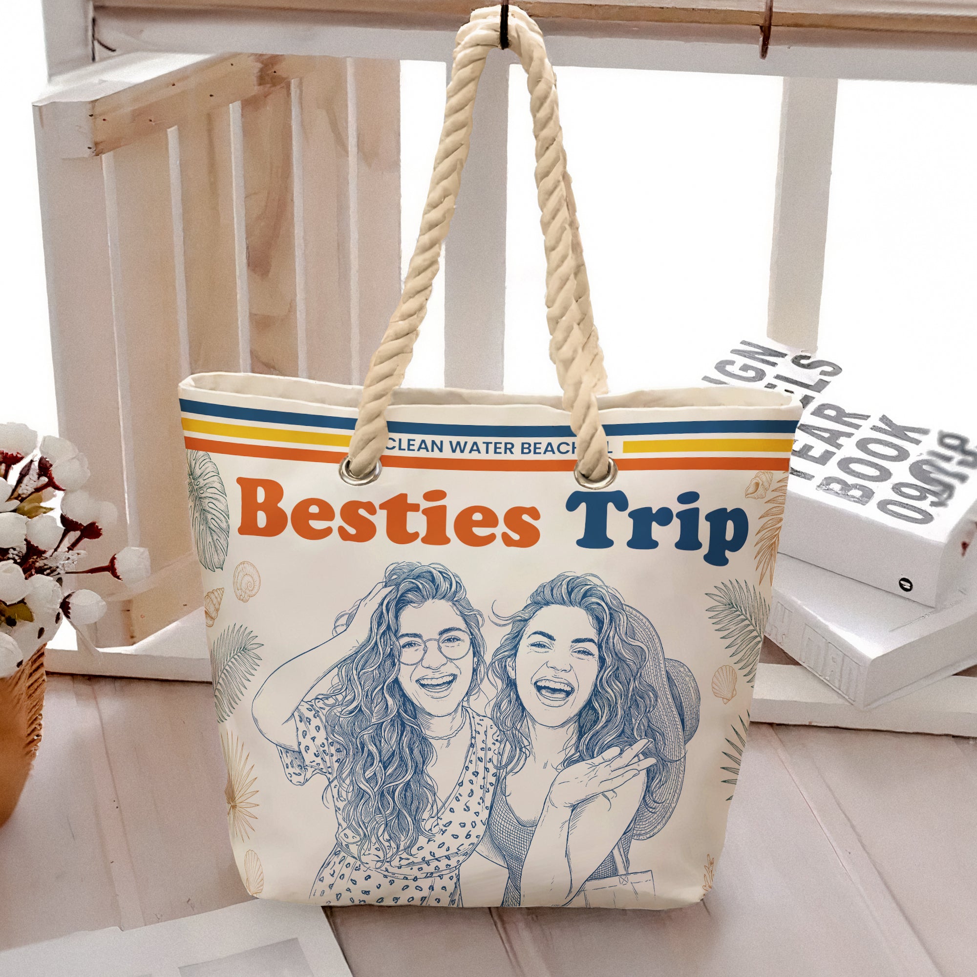 Besties-Girls-Trip-Summer-Gift-For-Friends-Soul-Sisters-Sketch-Line-Art-Photo-Personalized-Beach-Bag-4