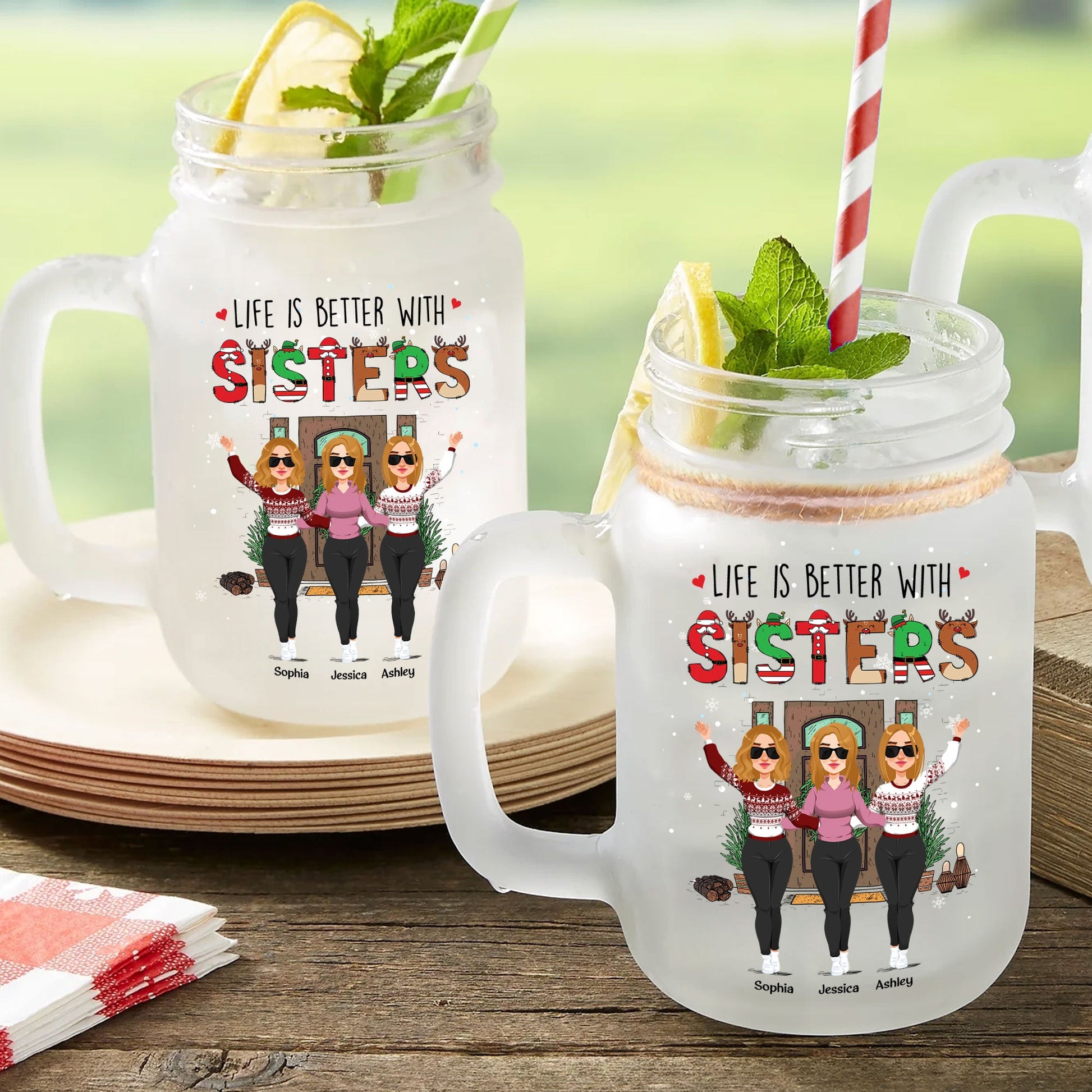 Better Life With Sisters - Personalized Mason Jar Cup With Straw