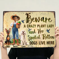 Beware A Crazy Plant Lady & Her Spoiled Rotten Dogs Live Here - Personalized Metal Sign