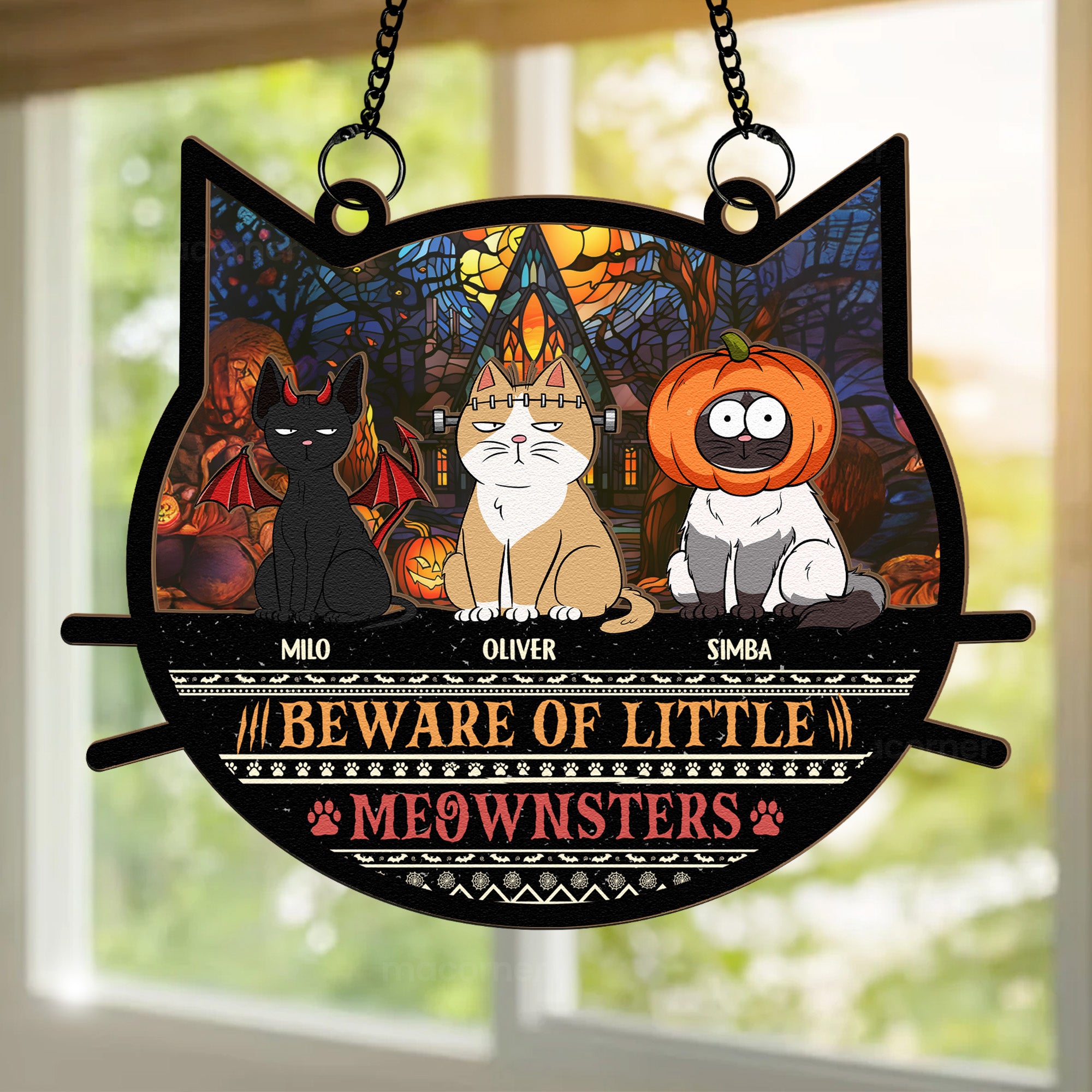 Beware Of Little Meownsters Halloween - Personalized Window Hanging Suncatcher Ornament