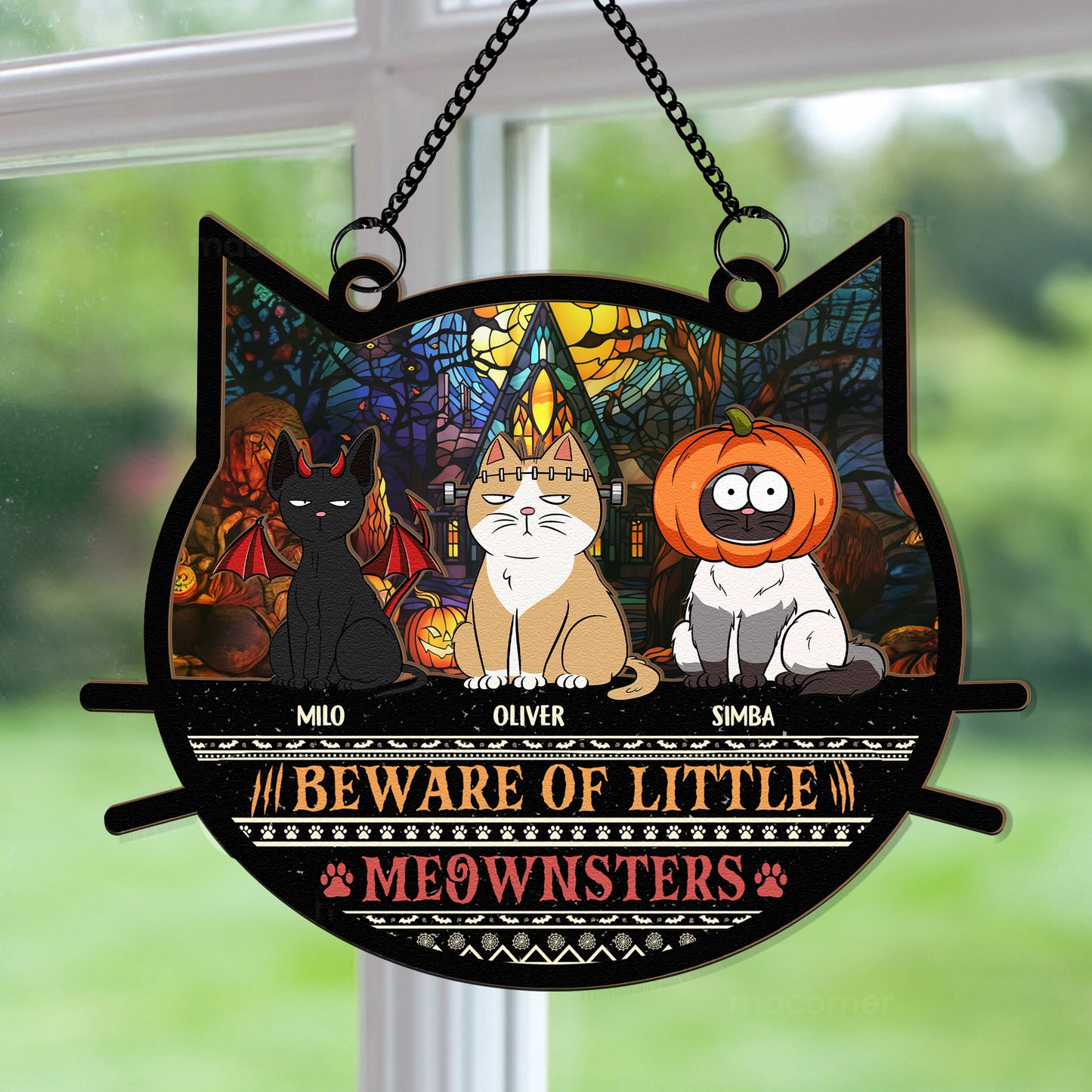 Beware Of Little Meownsters Halloween - Personalized Window Hanging Suncatcher Ornament