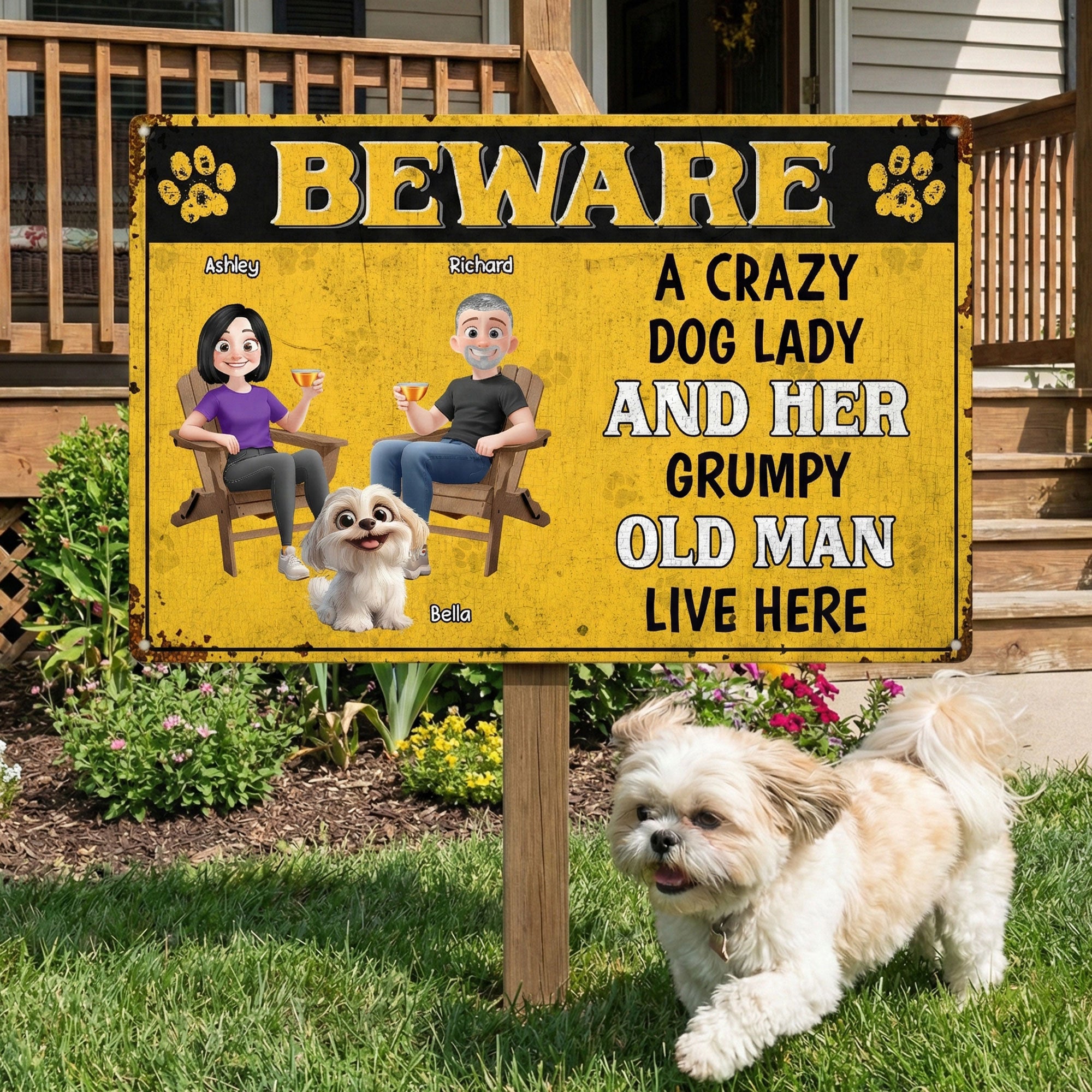 Beware_A_Crazy_Dog_Lady_And_Her_Grumpy_Old_Man_Live_Here_Personalized_Metal_Sign_2