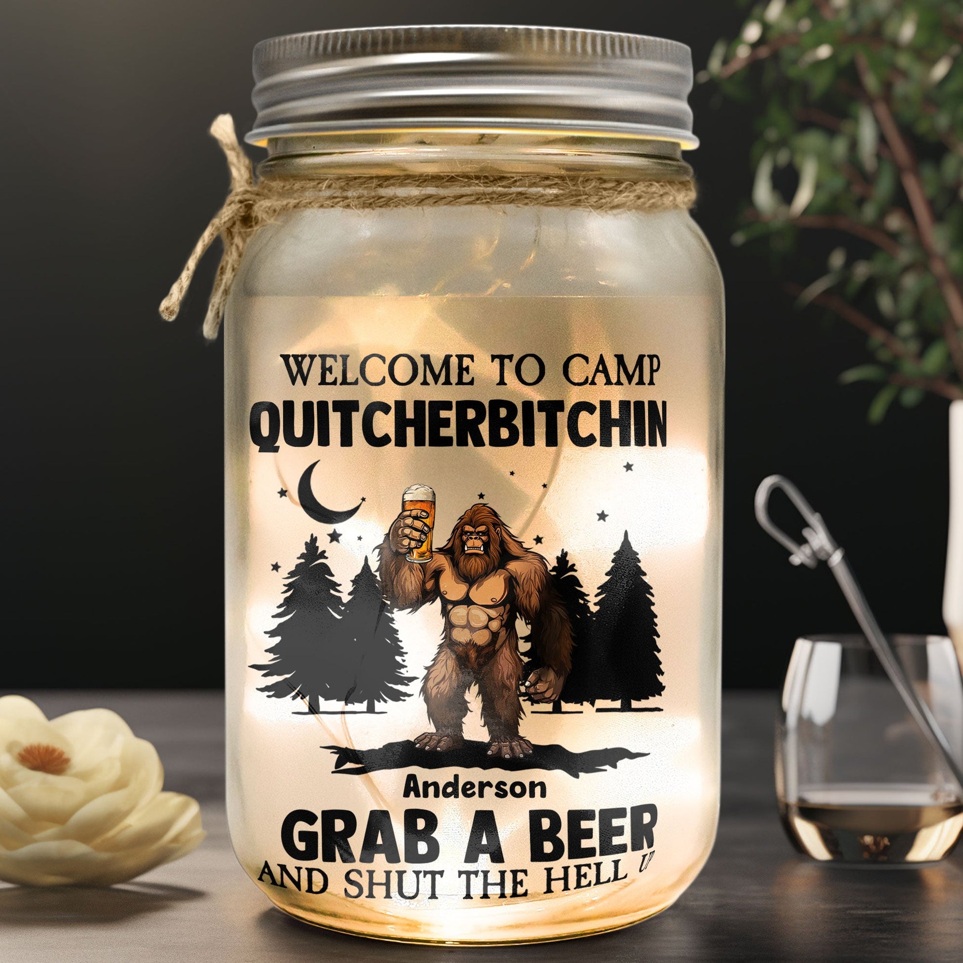 Bigfoot Welcome To Camp Quitcherbitchins Camping - Personalized Mason Jar Light