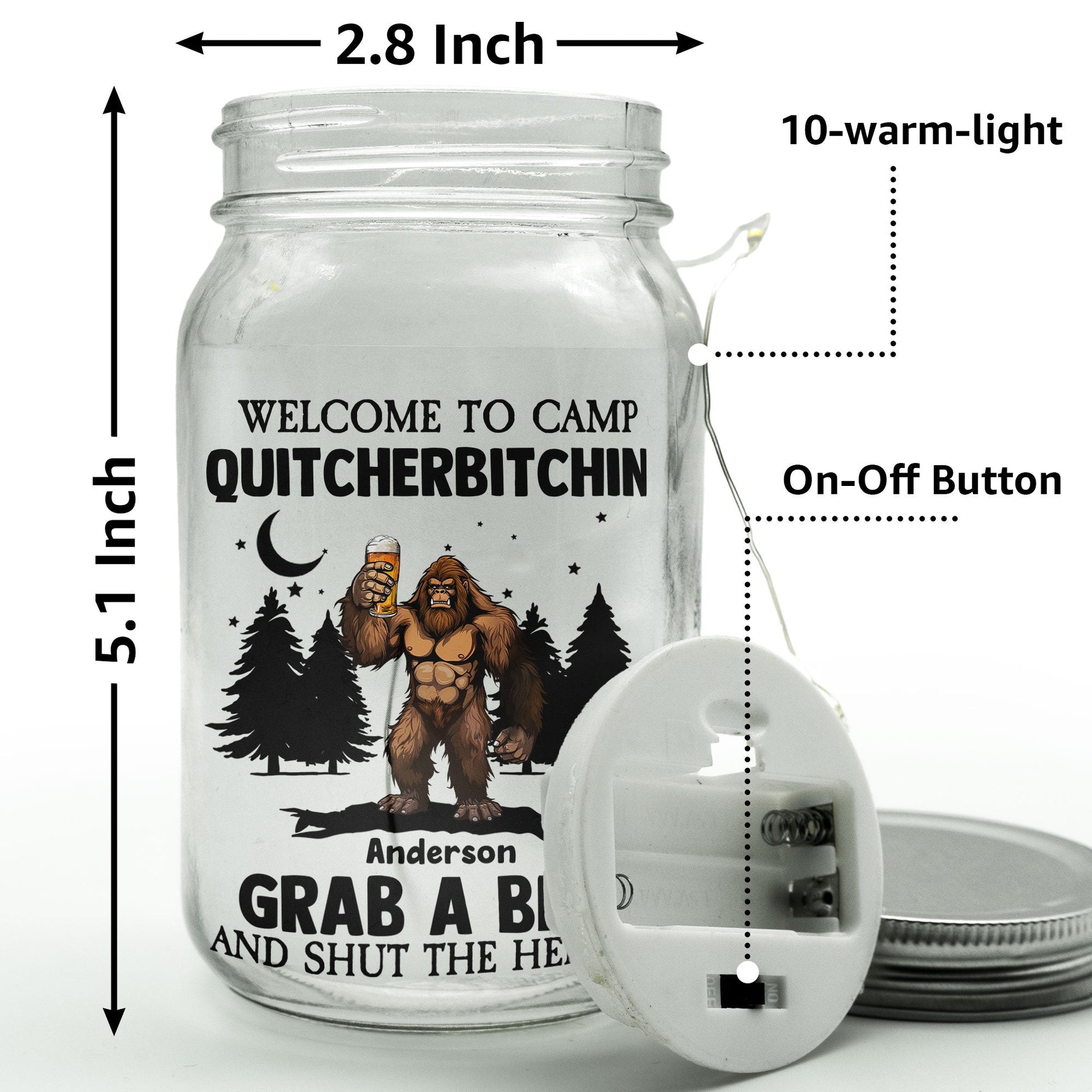 Bigfoot Welcome To Camp Quitcherbitchins Camping - Personalized Mason Jar Light