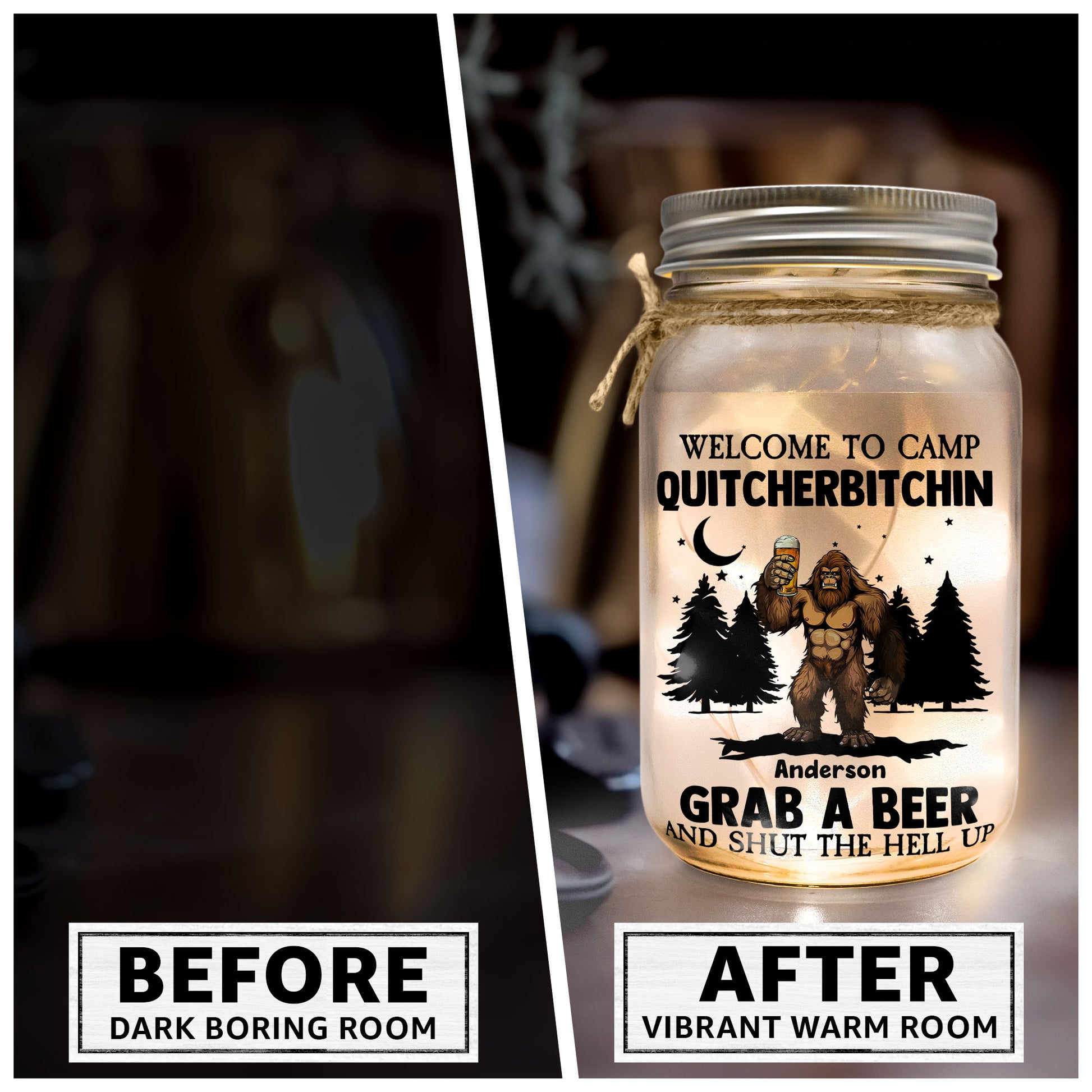 Bigfoot Welcome To Camp Quitcherbitchins Camping - Personalized Mason Jar Light