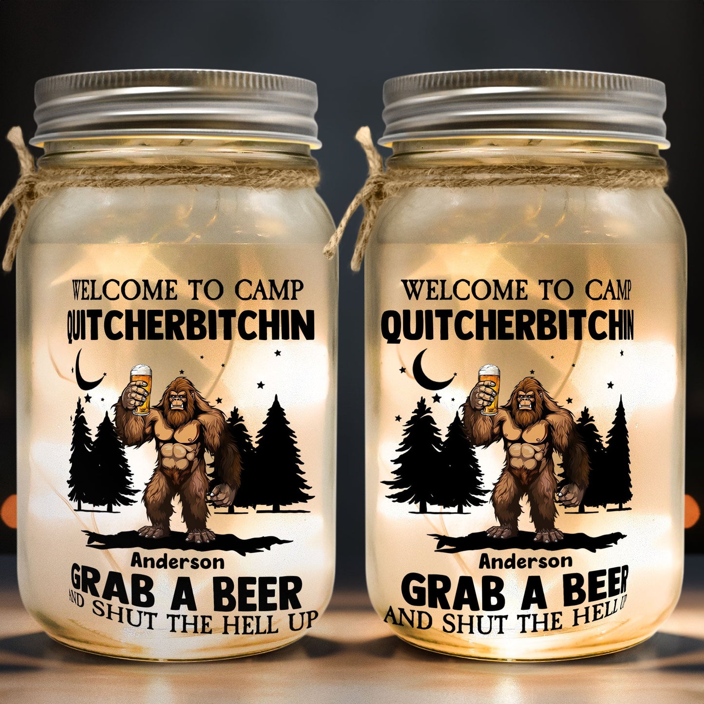 Bigfoot Welcome To Camp Quitcherbitchins Camping - Personalized Mason Jar Light