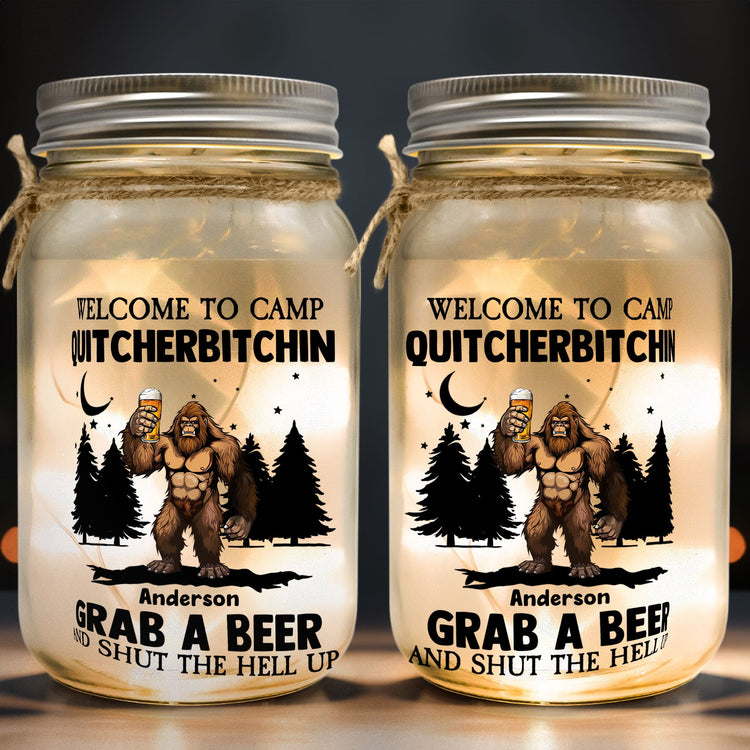 Bigfoot Welcome To Camp Quitcherbitchins Camping - Personalized Mason Jar Light