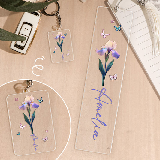 Birth Flower - Personalized Acrylic Bookmark And Keychain Set