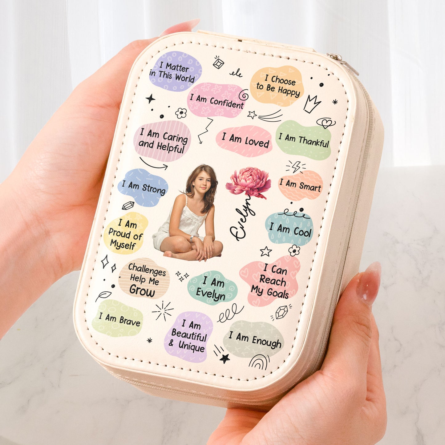 Birth Flower Affirmation - Custom Photo Makeup Box With LED Mirror