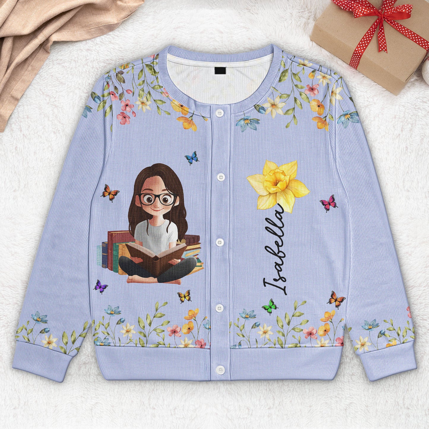 Birth Flower Book Lover - Personalized Crewneck Cardigan