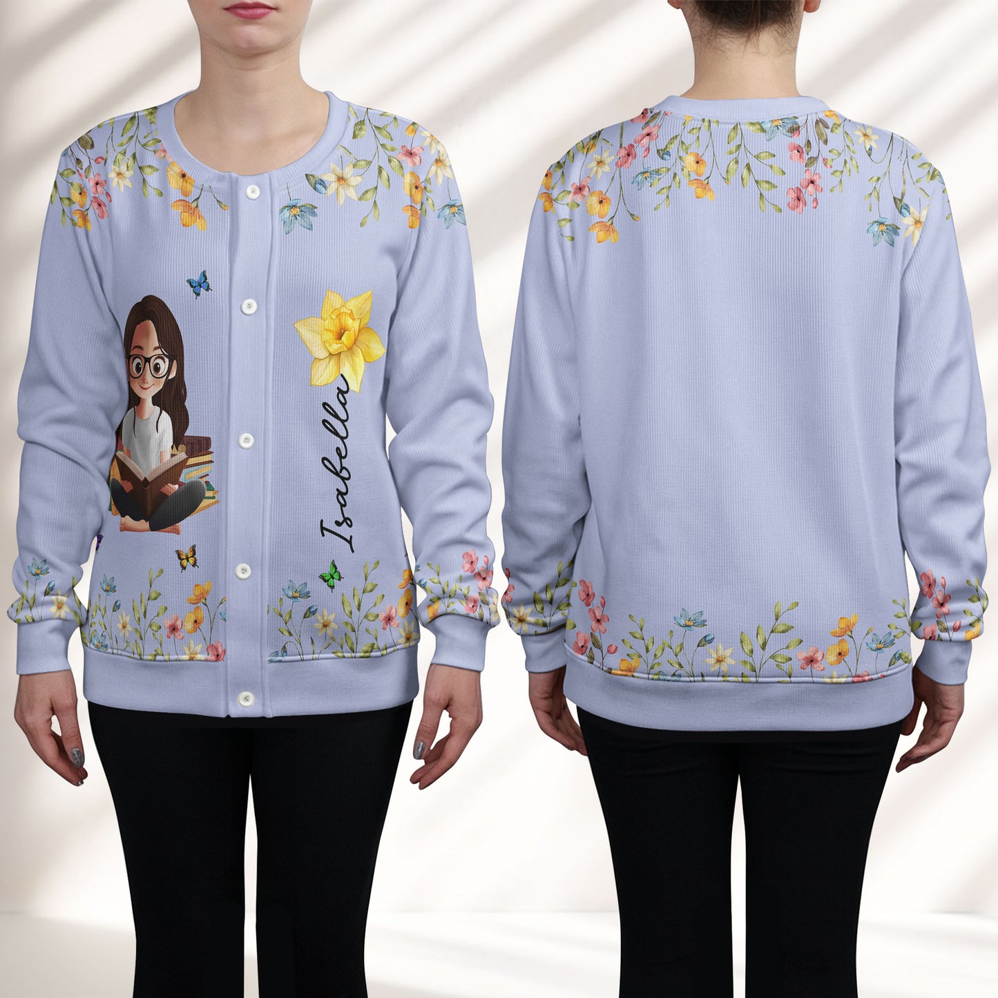 Birth Flower Book Lover - Personalized Crewneck Cardigan
