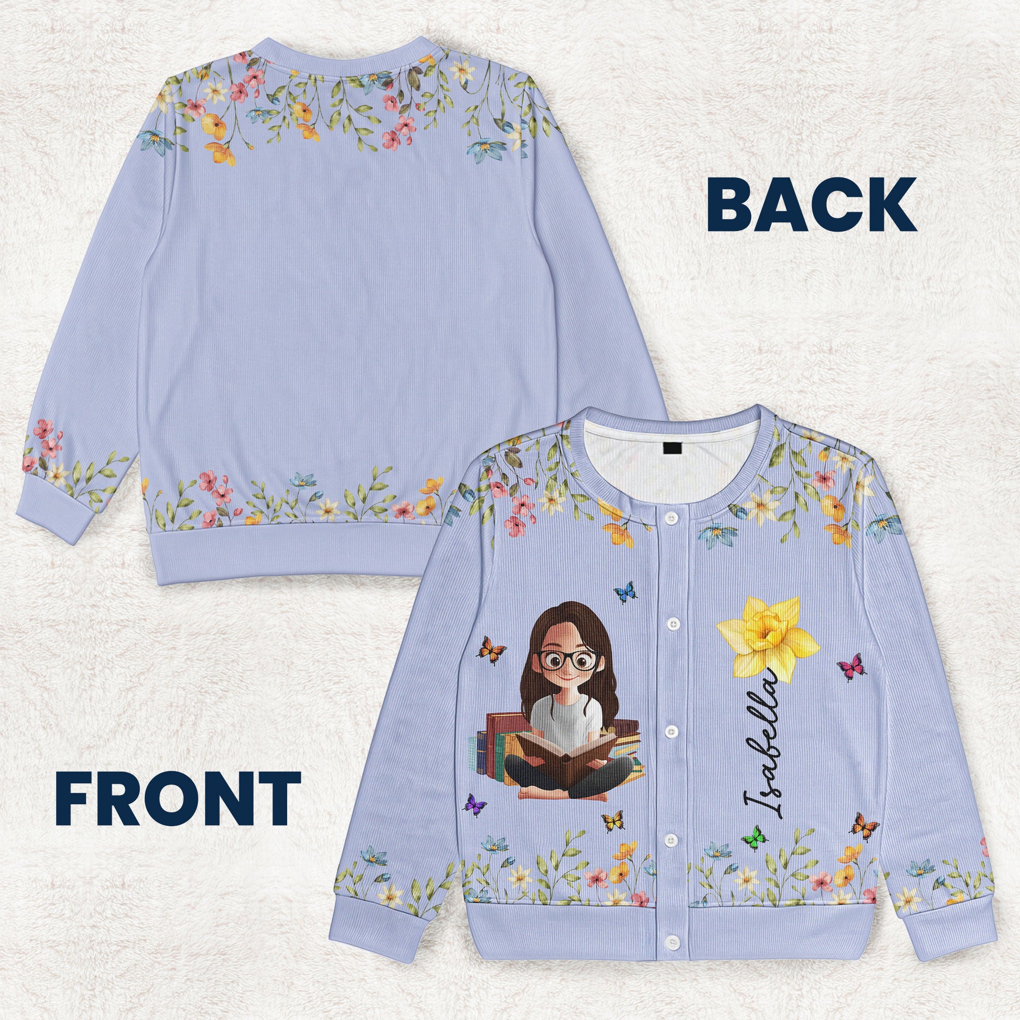 Birth Flower Book Lover - Personalized Crewneck Cardigan
