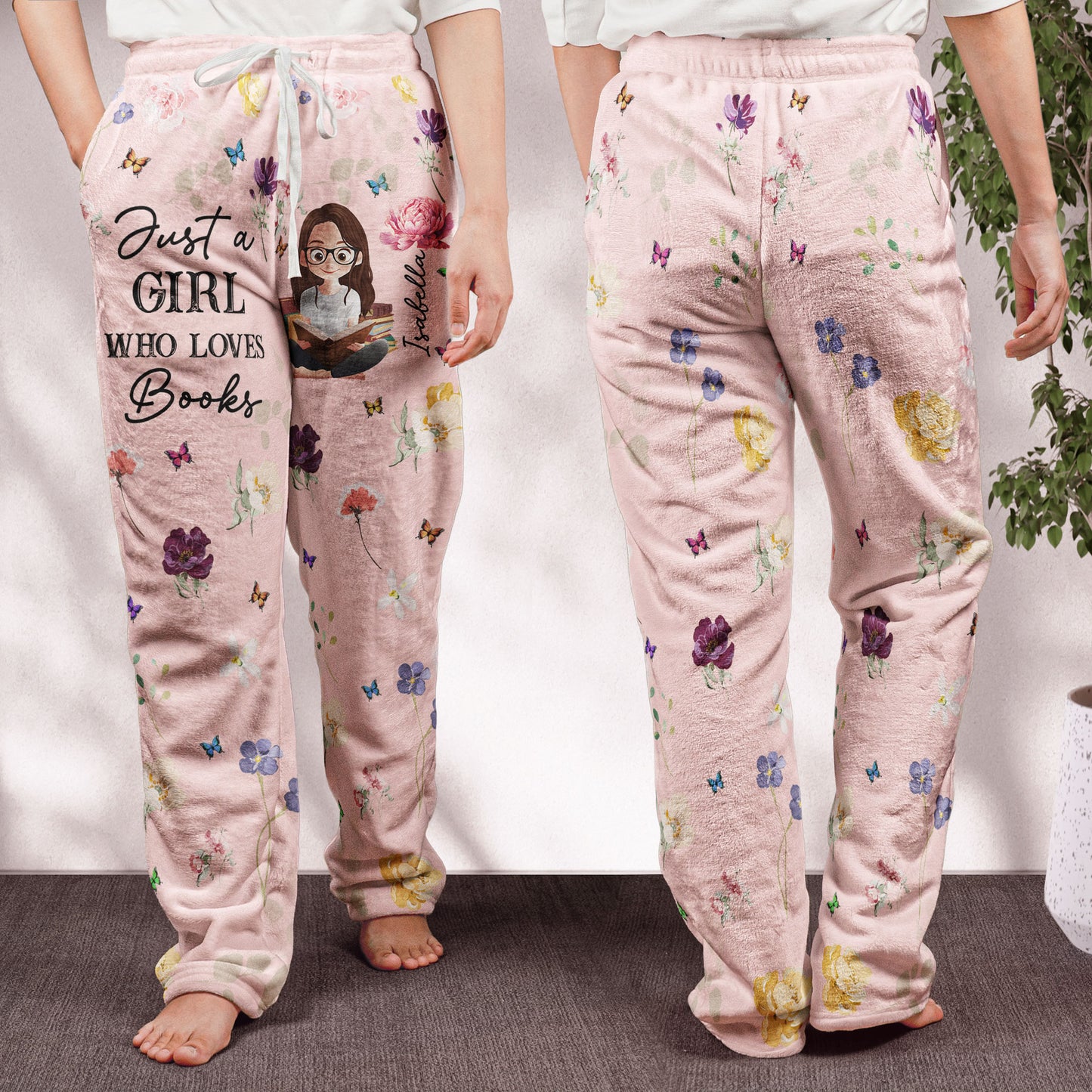 Birth Flower Book Lover - Personalized Fleece Pajama Pants
