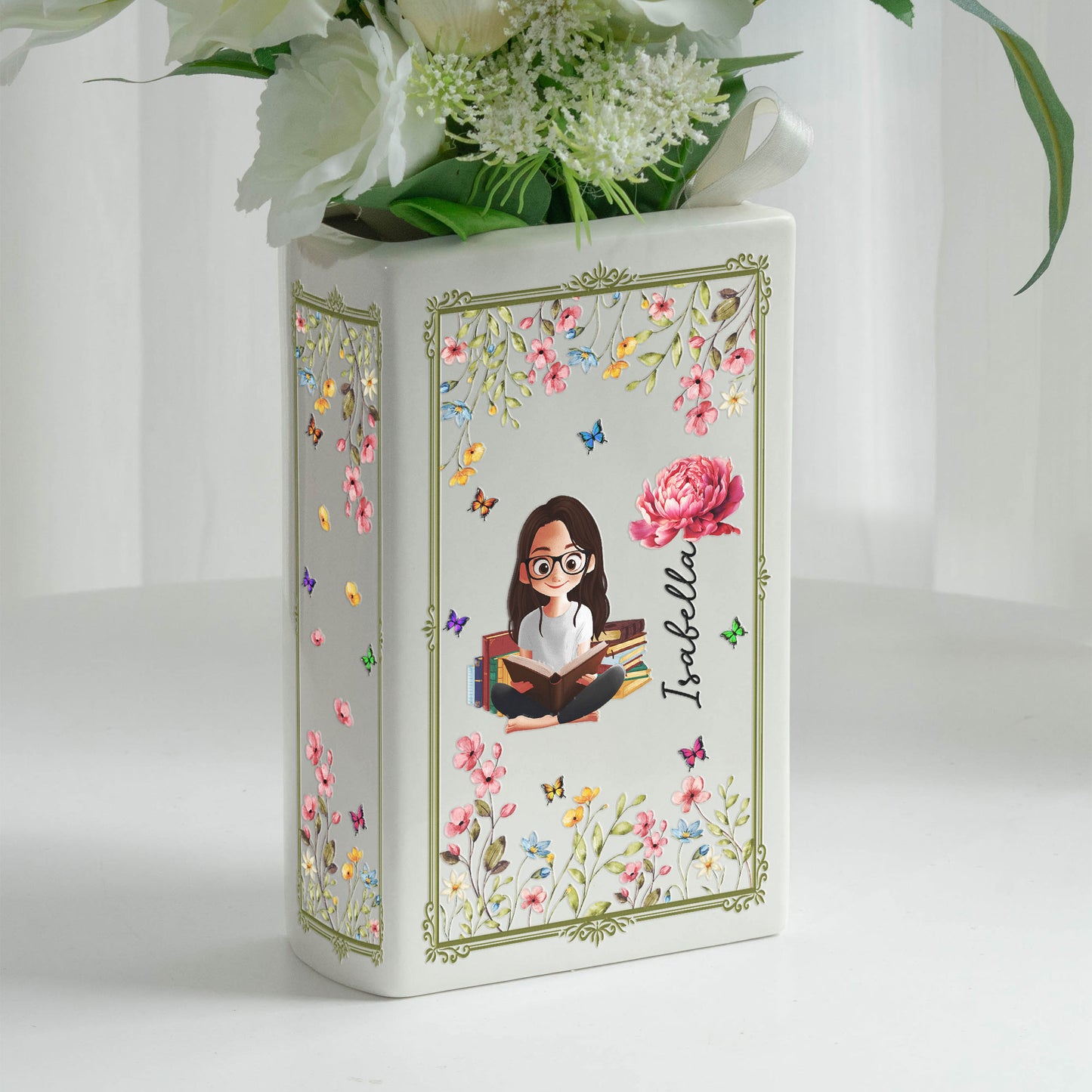 Birth Flower Book Lovers - Personalized Ceramic Book Vase