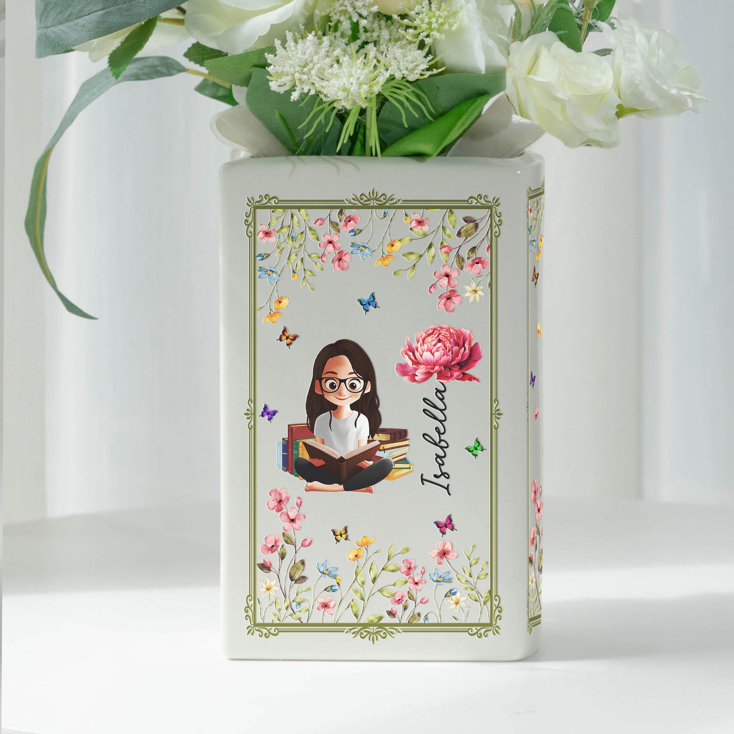 Birth Flower Book Lovers - Personalized Ceramic Book Vase