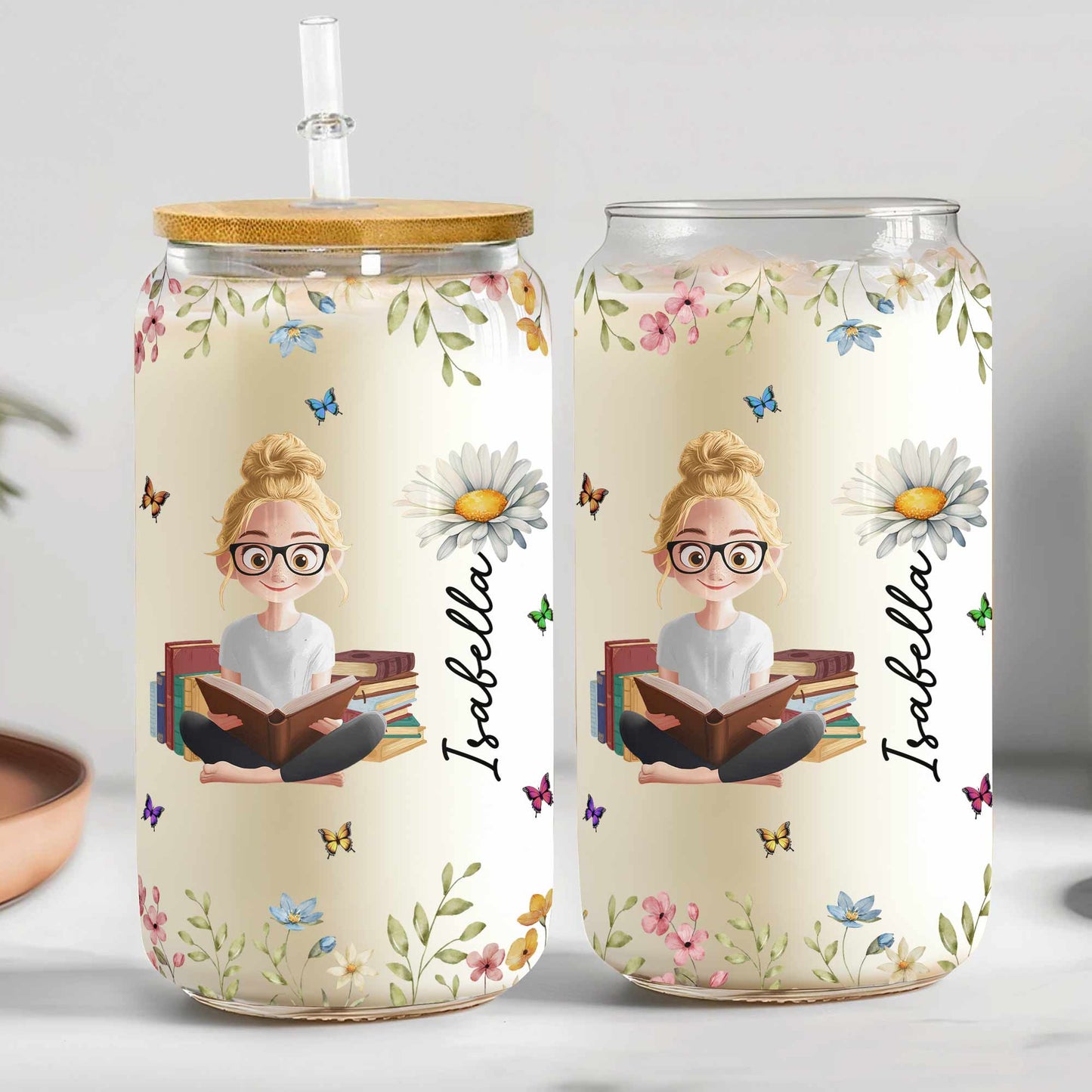 Birth Flower Book Lovers - Personalized Clear Glass Cup