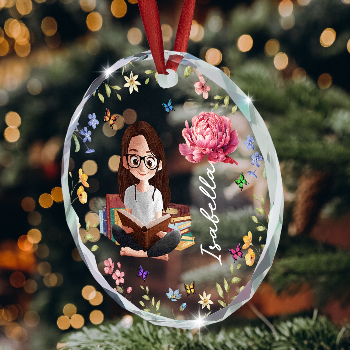 Birth Flower Book Lovers - Personalized Glass Ornament