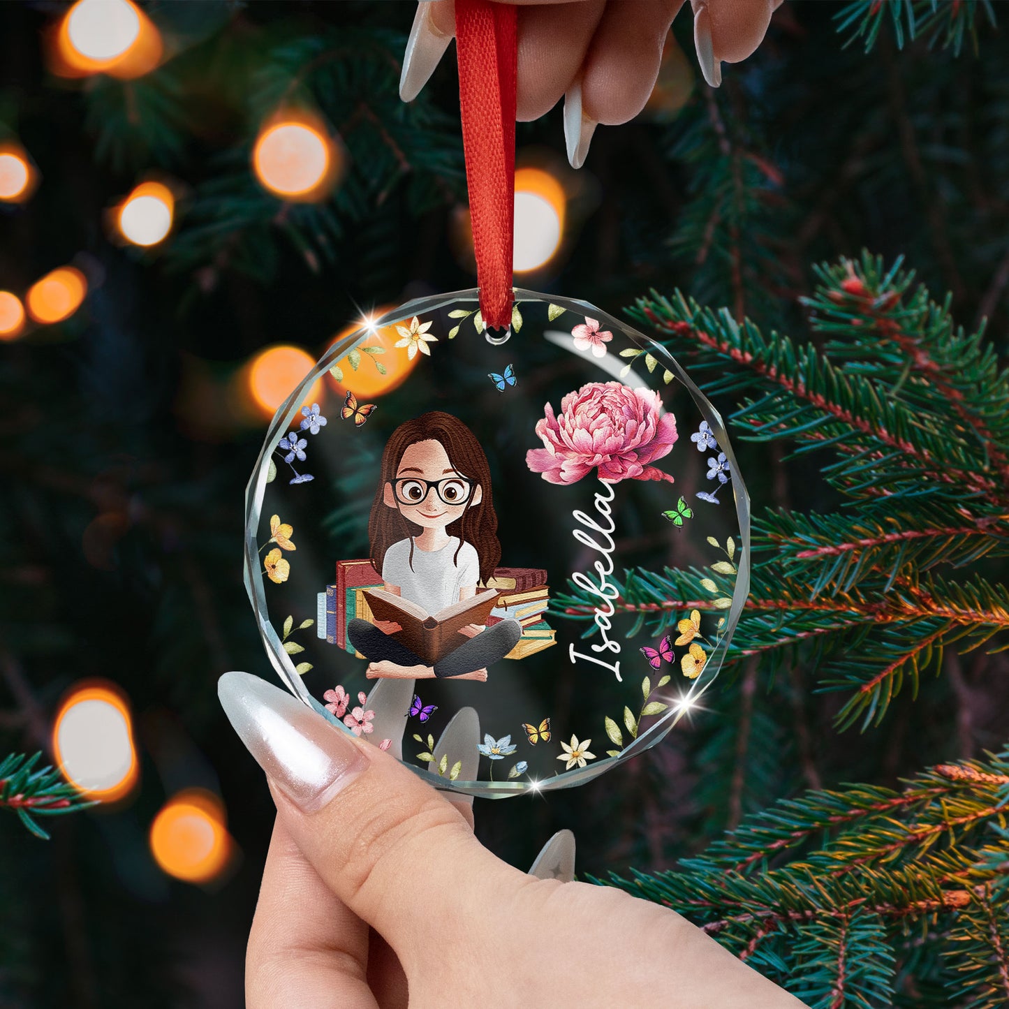 Birth Flower Book Lovers - Personalized Glass Ornament
