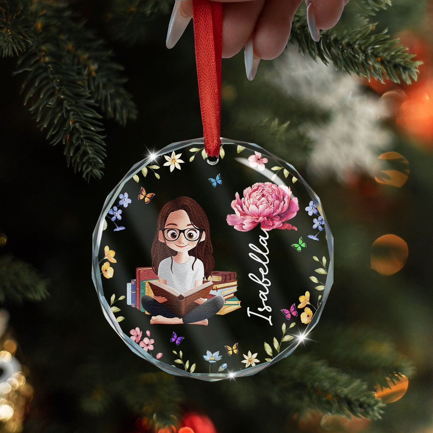 Birth Flower Book Lovers - Personalized Glass Ornament