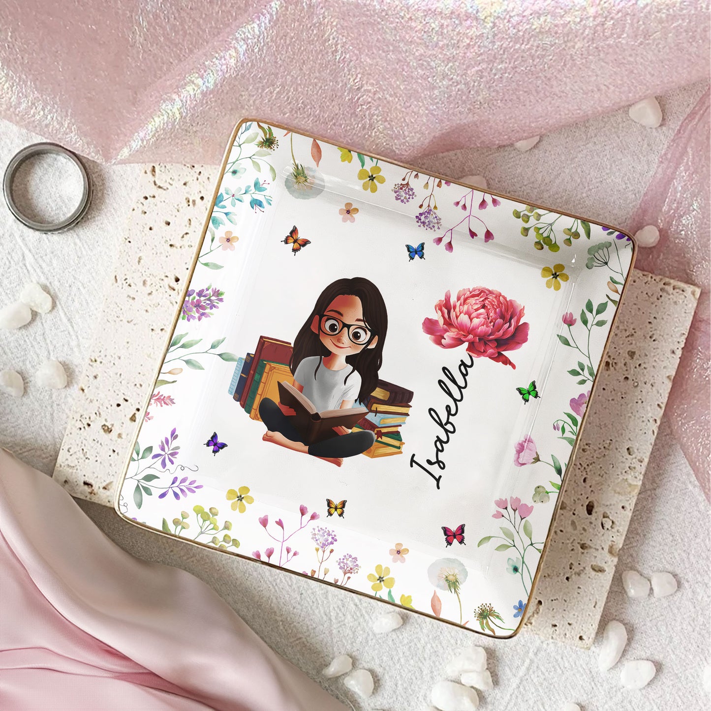 Birth Flower Book Lovers - Personalized Jewelry Dish