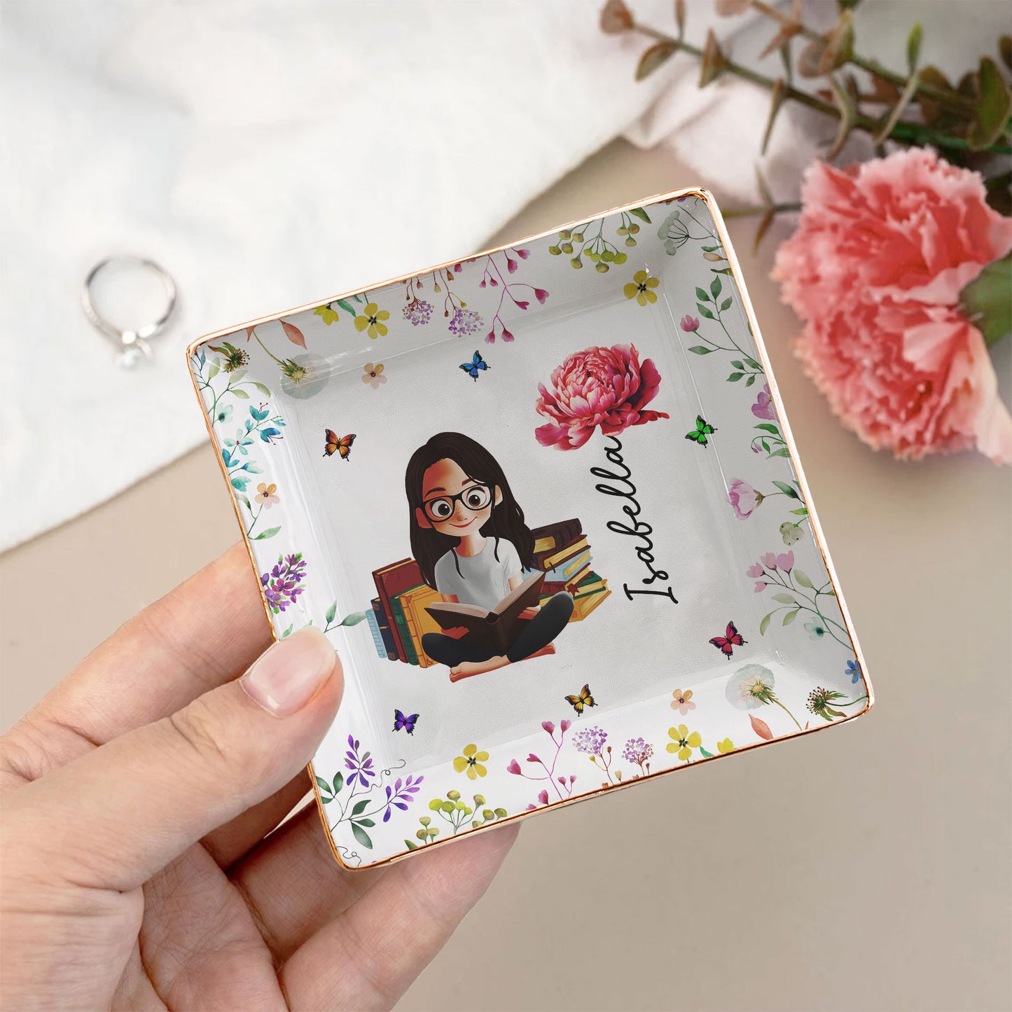 Birth Flower Book Lovers - Personalized Jewelry Dish