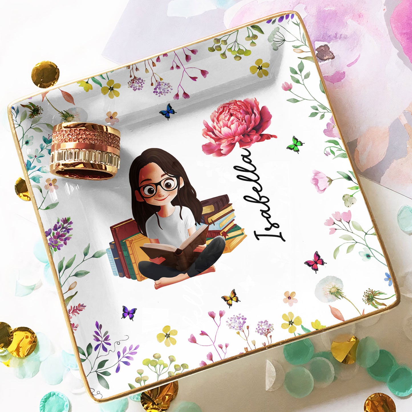 Birth Flower Book Lovers - Personalized Jewelry Dish