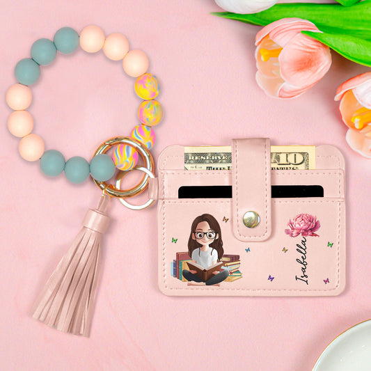 Birth Flower Book Lovers - Personalized Keychain Wristlet Leather Wallet
