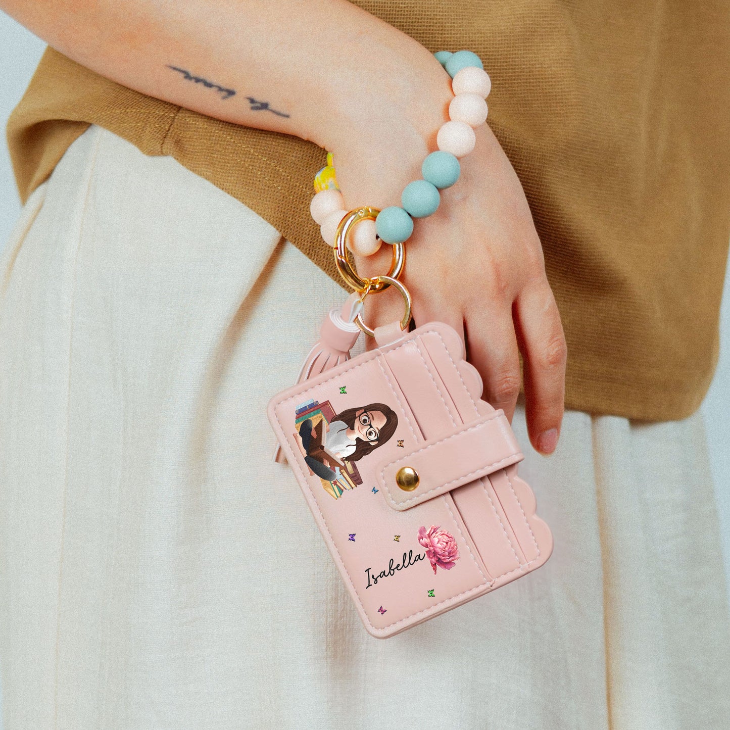 Birth Flower Book Lovers - Personalized Keychain Wristlet Leather Wallet