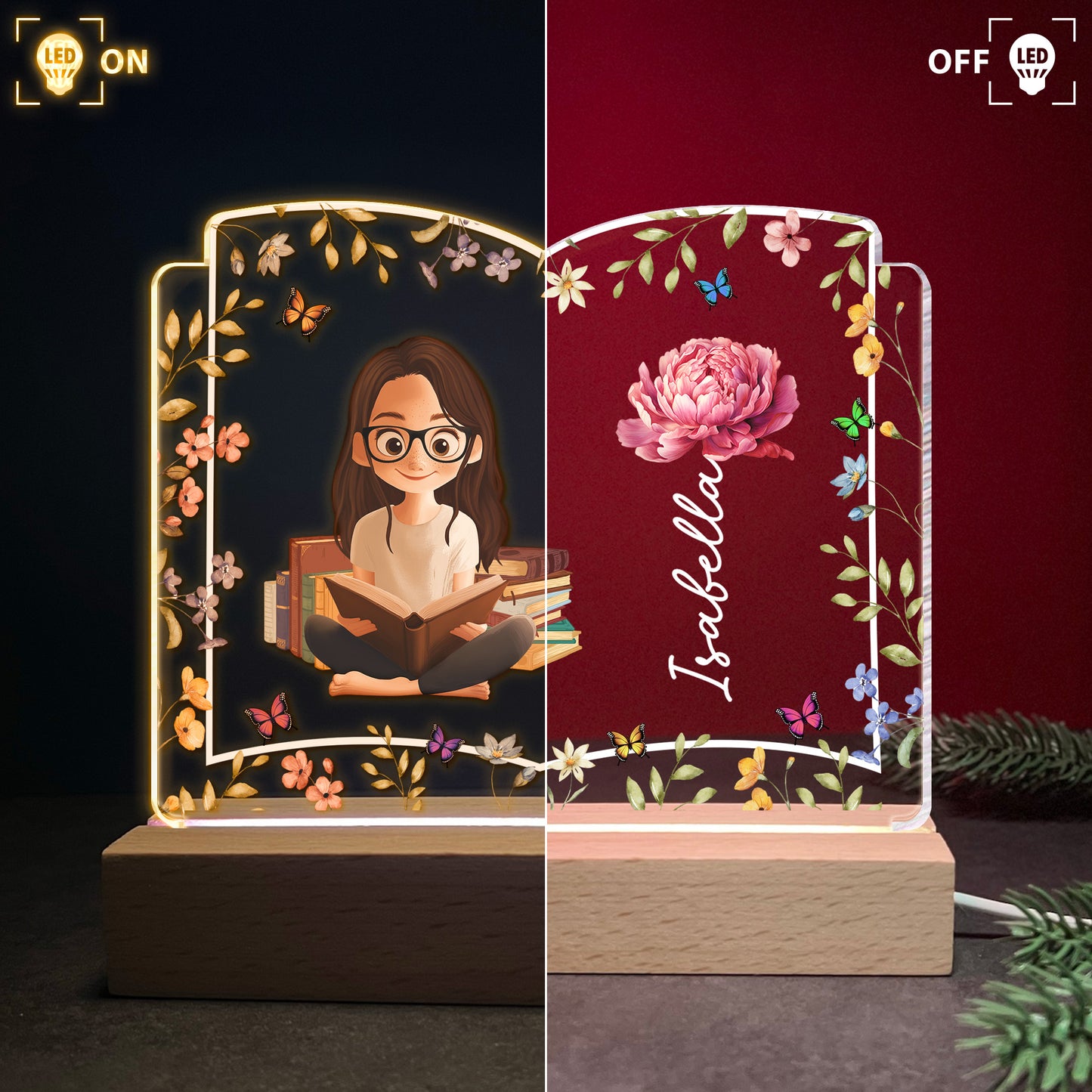 Birth Flower Book Lovers - Personalized LED Light