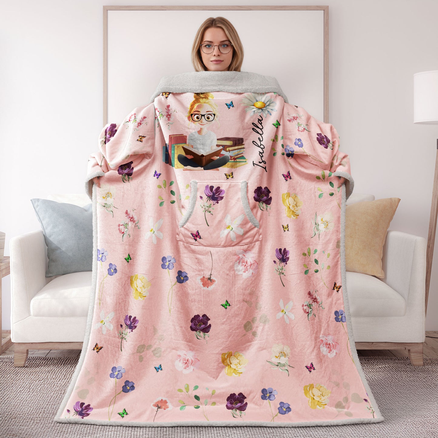 Birth Flower Book Lovers - Personalized Wearable Blanket With Sleeves