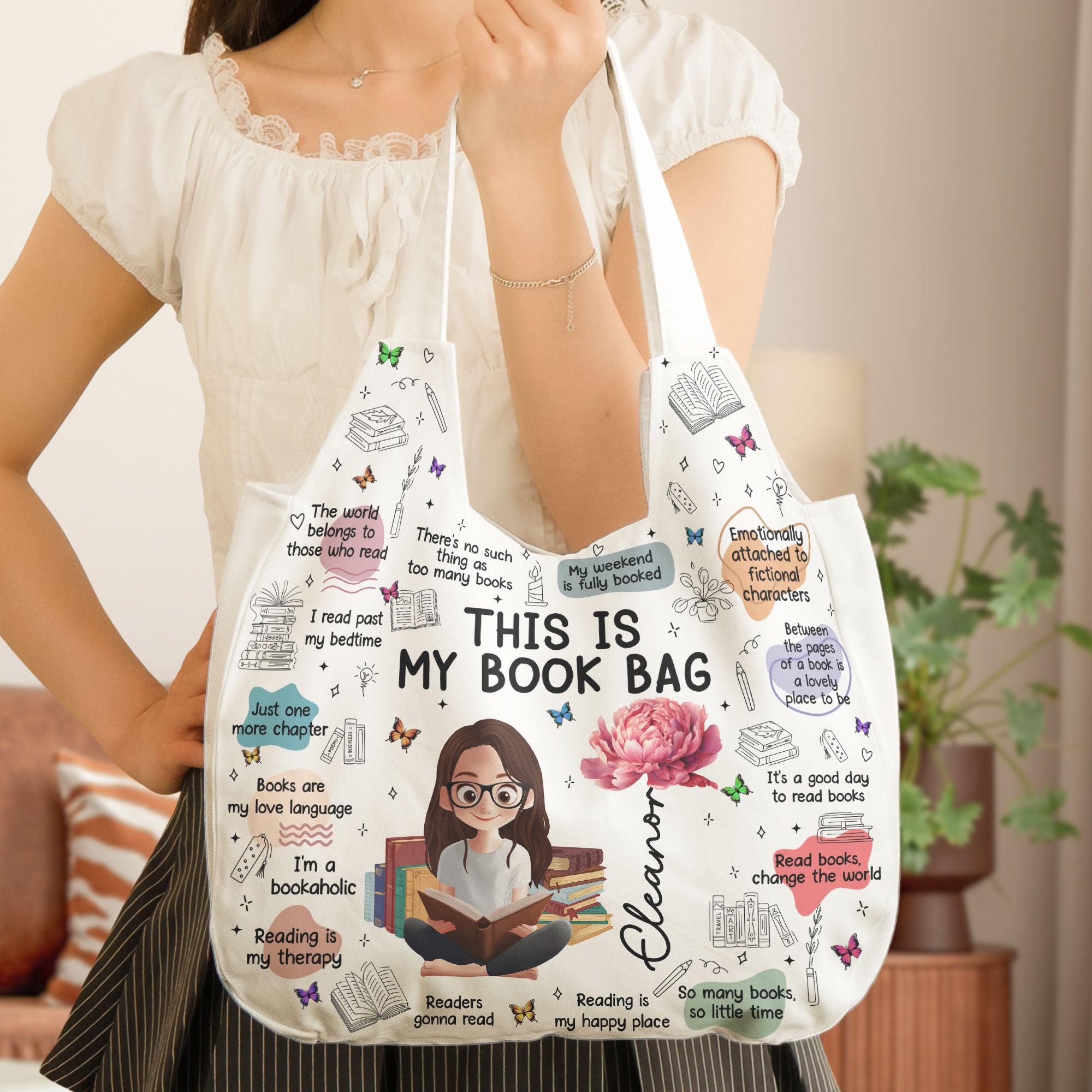 Birth Flower Book Lovers, Books Quotes - Personalized Round Tote Bag