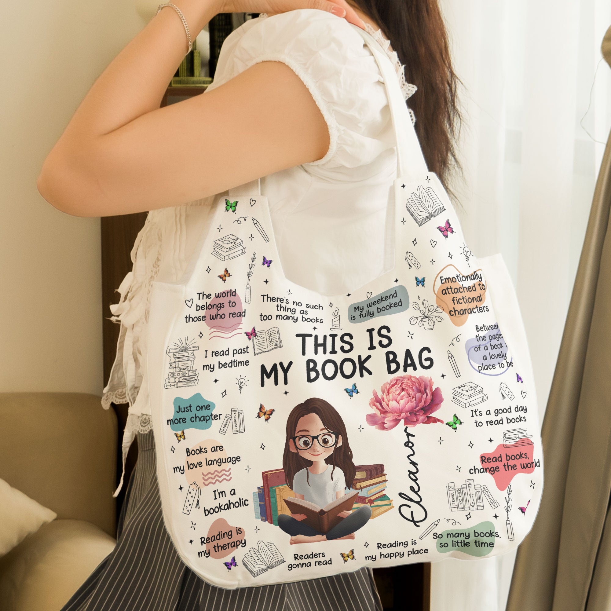 Birth Flower Book Lovers, Books Quotes - Personalized Round Tote Bag