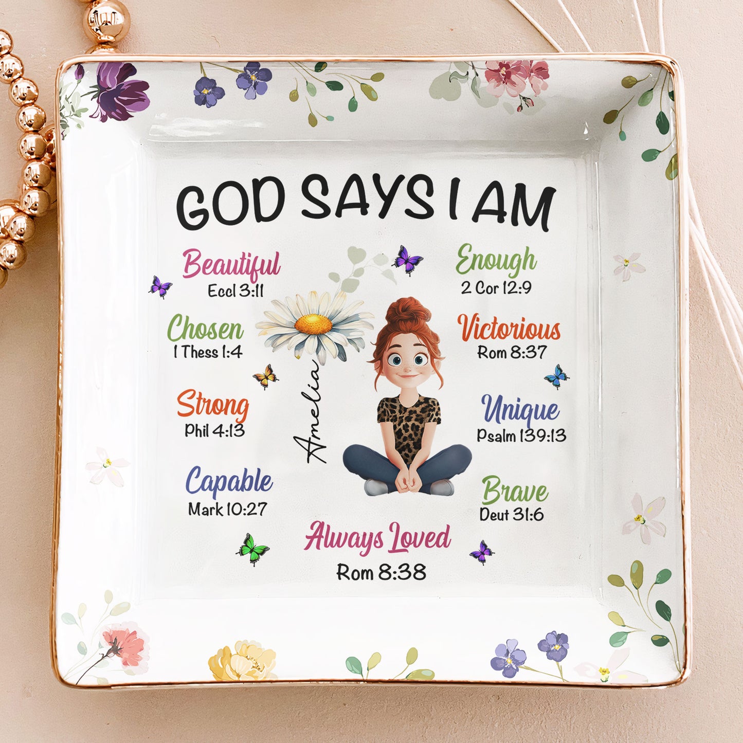 Birth Flower God Says I Am - Personalized Jewelry Dish