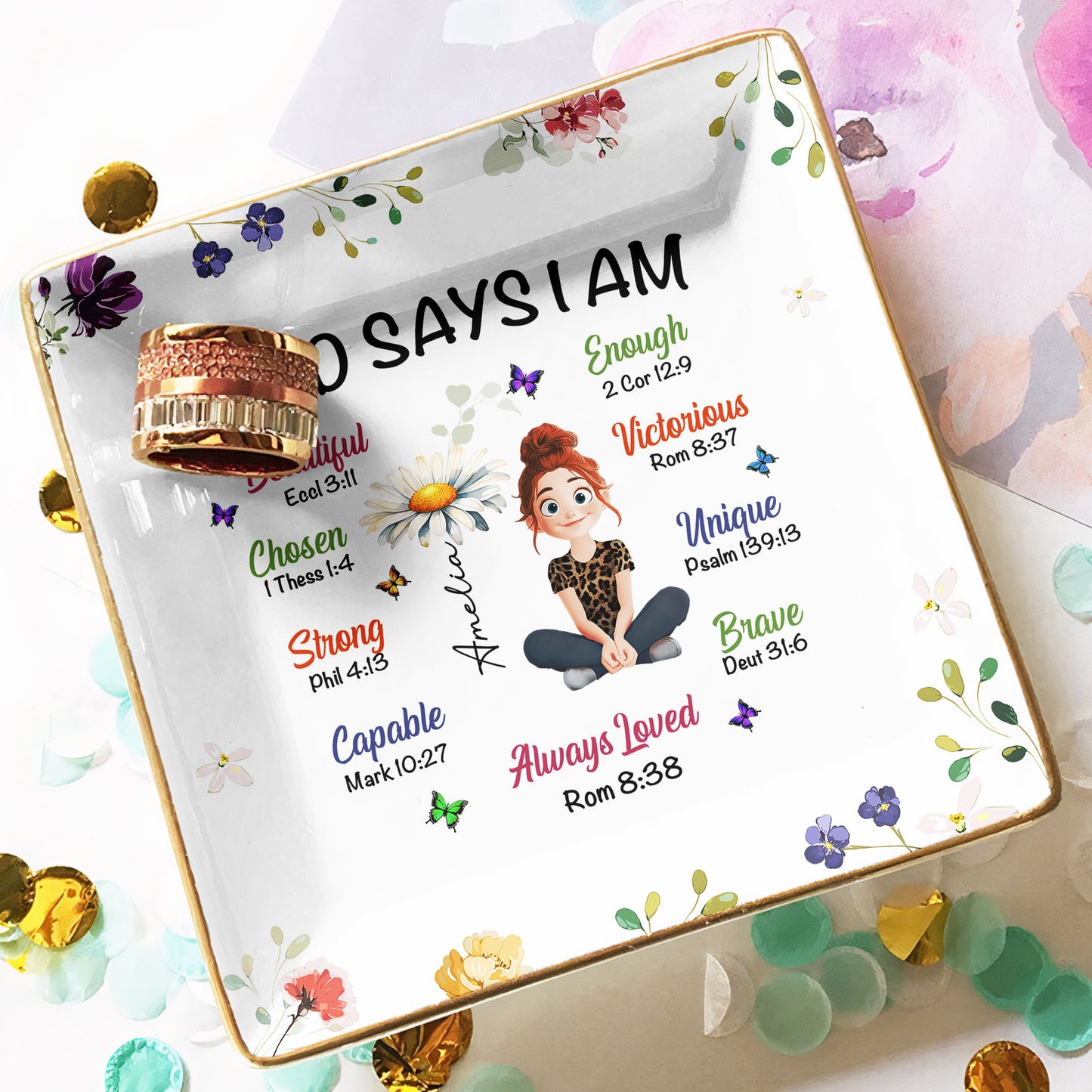 Birth Flower God Says I Am - Personalized Jewelry Dish