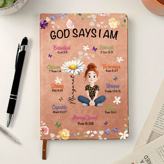 Birth Flower God Says I Am - Personalized Leather Journal
