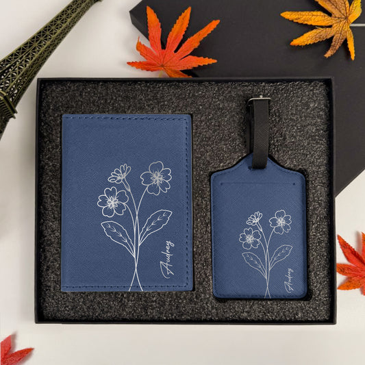 Birth Flower Metallic Colors - Personalized Passport Cover And Luggage Tag Travel Set