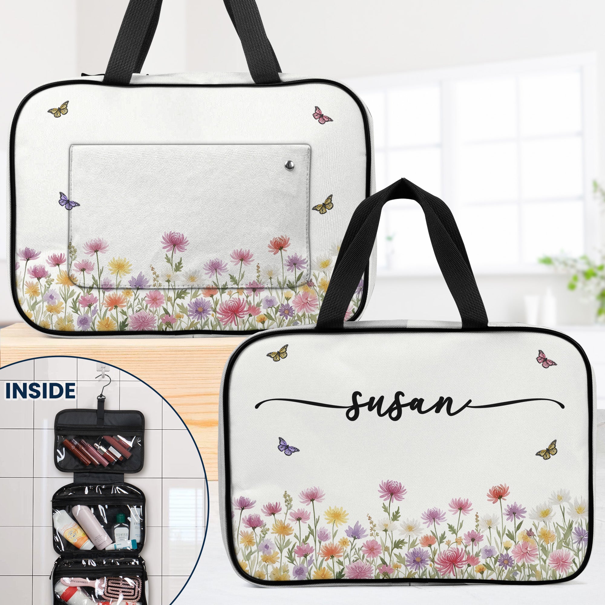 Birth Flower Name - Personalized Hanging Toiletry Bag