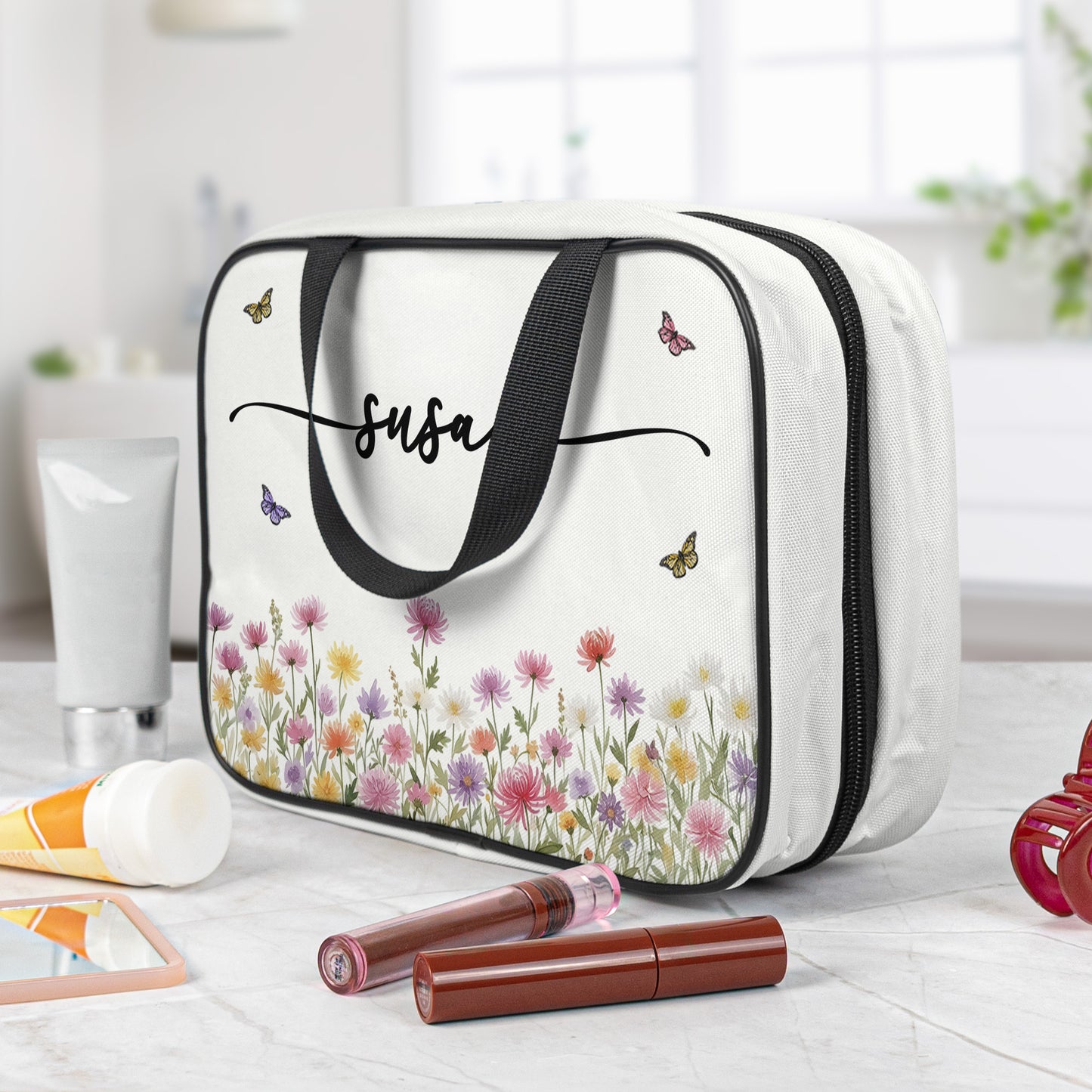 Birth Flower Name - Personalized Hanging Toiletry Bag
