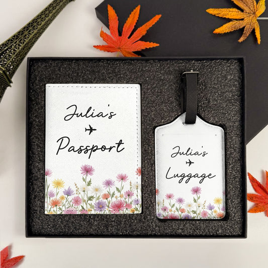 Birth Flower Name Traveling - Personalized Passport Cover And Luggage Tag Travel Set