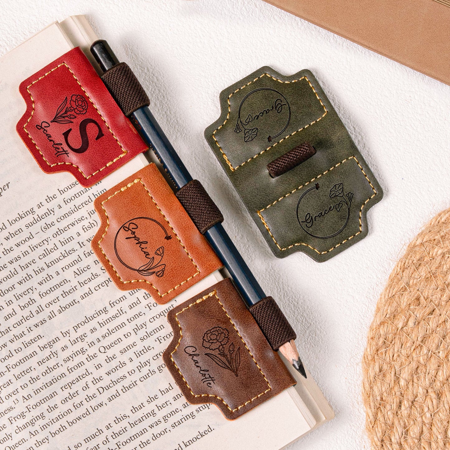 Birth Flower, Book Lovers, Readers - Personalized Engraved Leather Magnetic Bookmark With Pen Clip