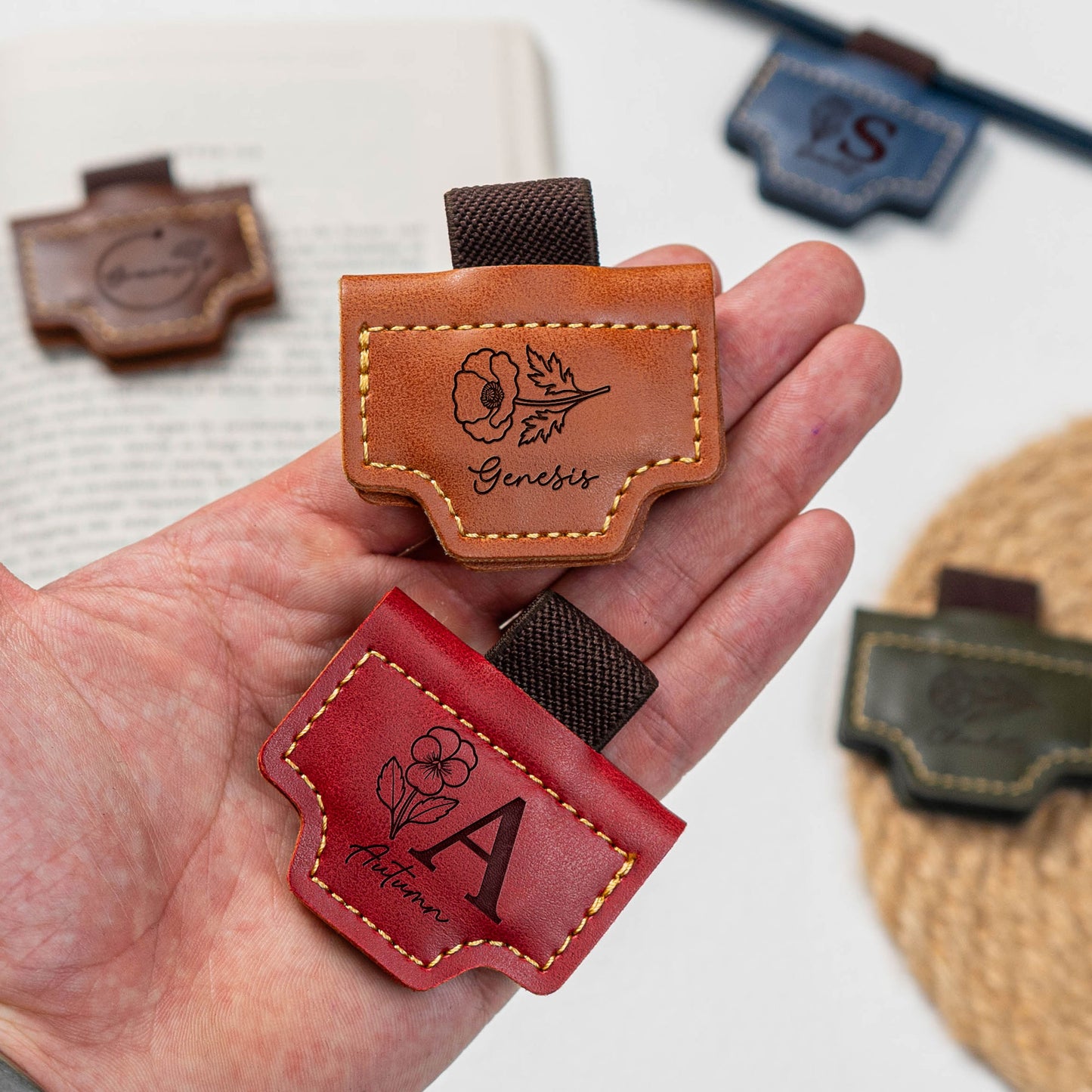 Birth Flower, Book Lovers, Readers - Personalized Engraved Leather Magnetic Bookmark With Pen Clip
