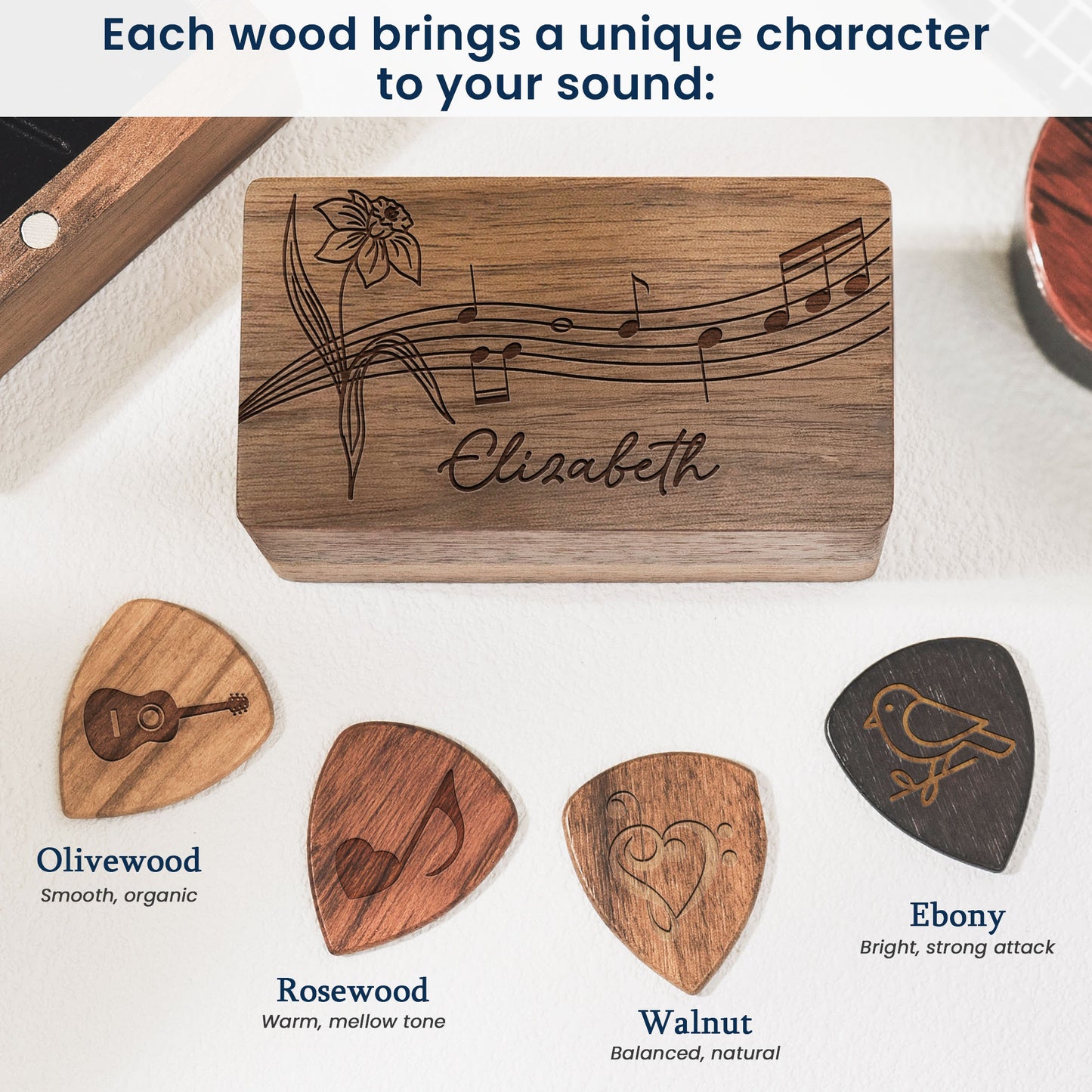 Birth Flower, Guitar Lover - Personalized Wooden Guitar Pick Box