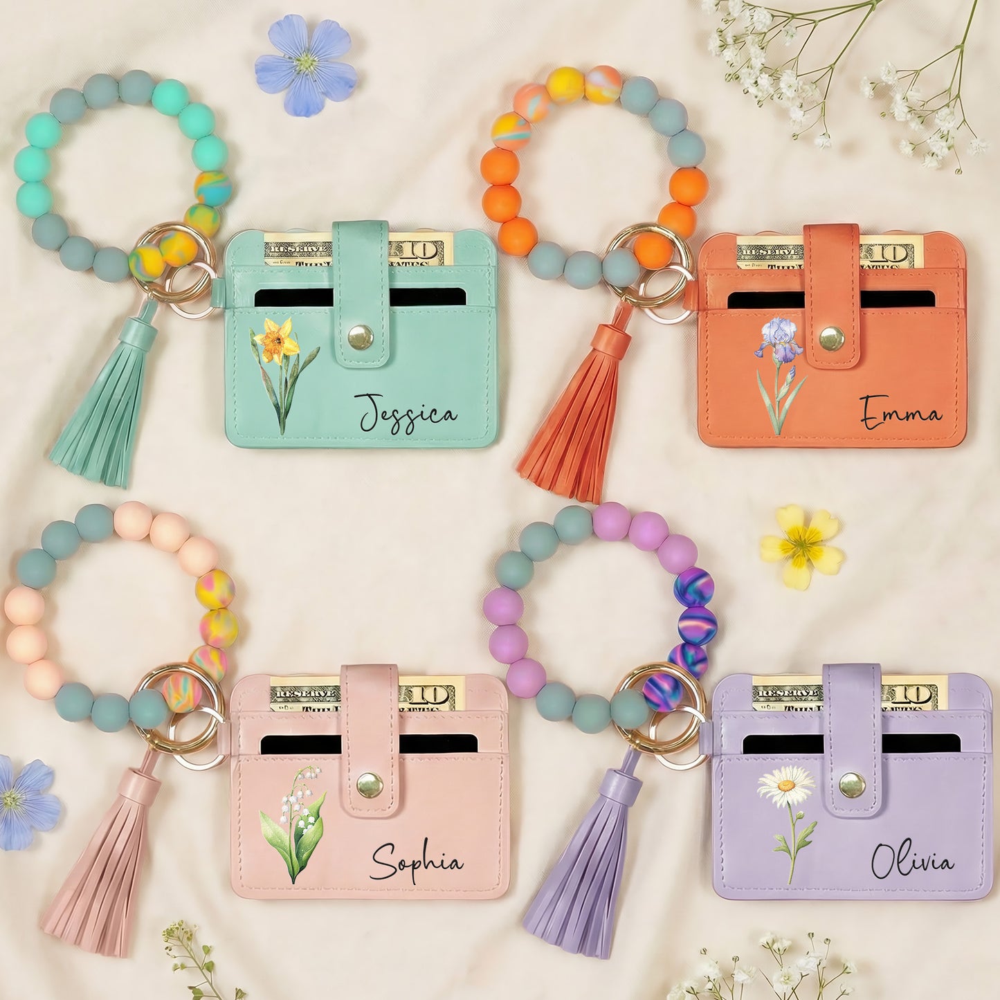 Birth Month Flower Gift For Her - Personalized Keychain Wristlet Leather Wallet