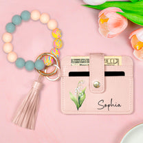 Birth Month Flower Gift For Her - Personalized Keychain Wristlet Leather Wallet