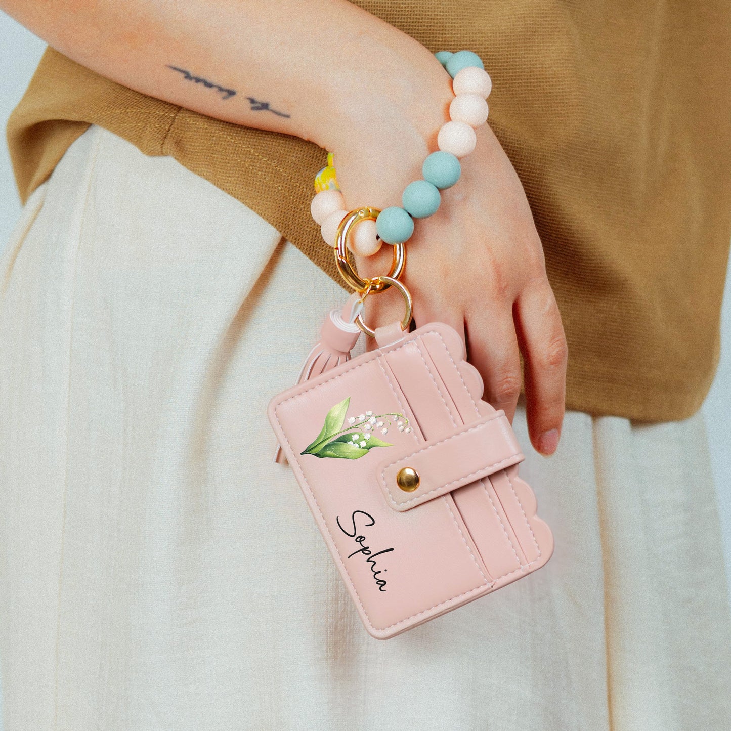 Birth Month Flower Gift For Her - Personalized Keychain Wristlet Leather Wallet