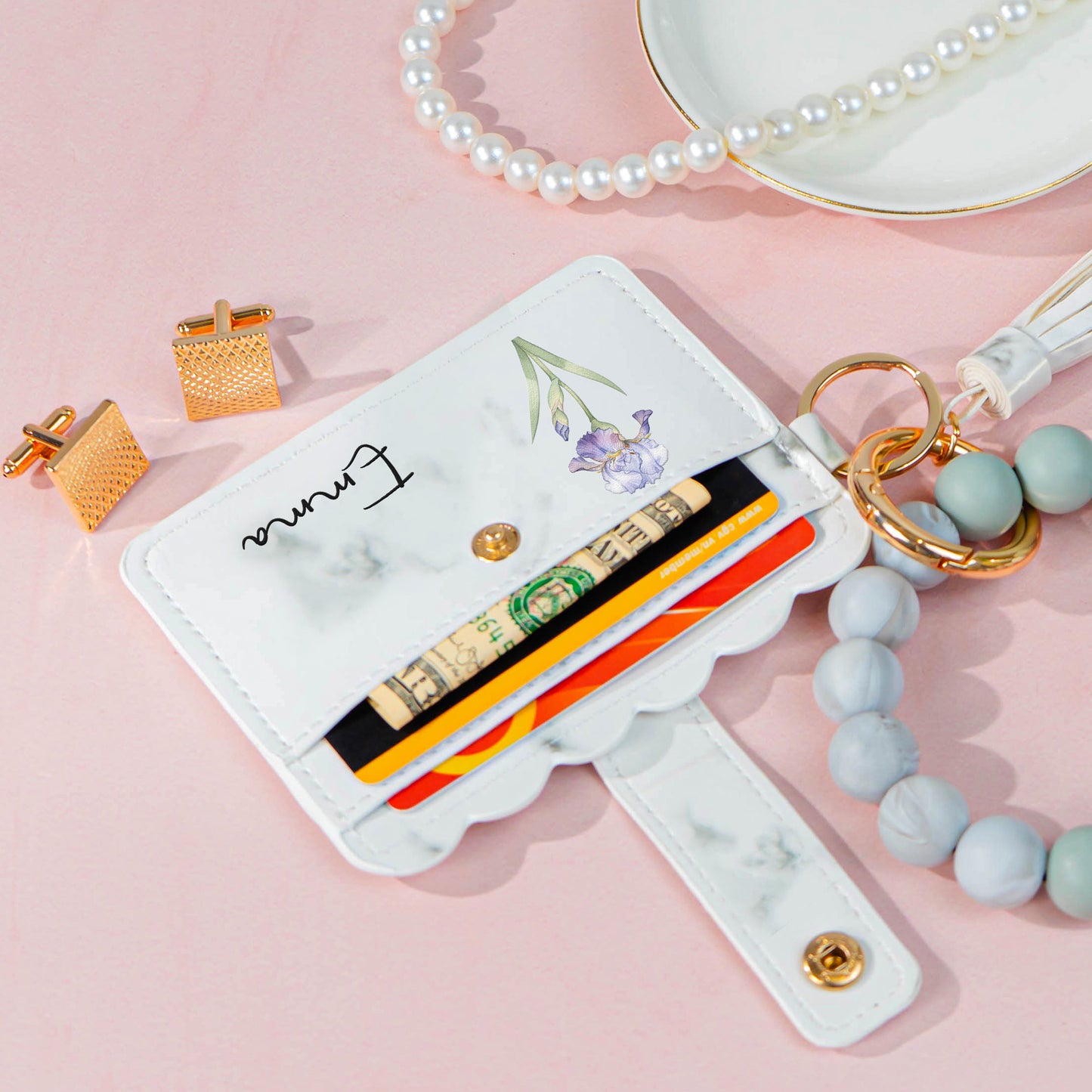 Birth Month Flower Gift For Her - Personalized Keychain Wristlet Leather Wallet